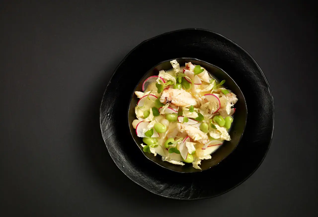 Black bowl with a salad of radish slices, green beans, leafy greens, and white chunks on a black surface.