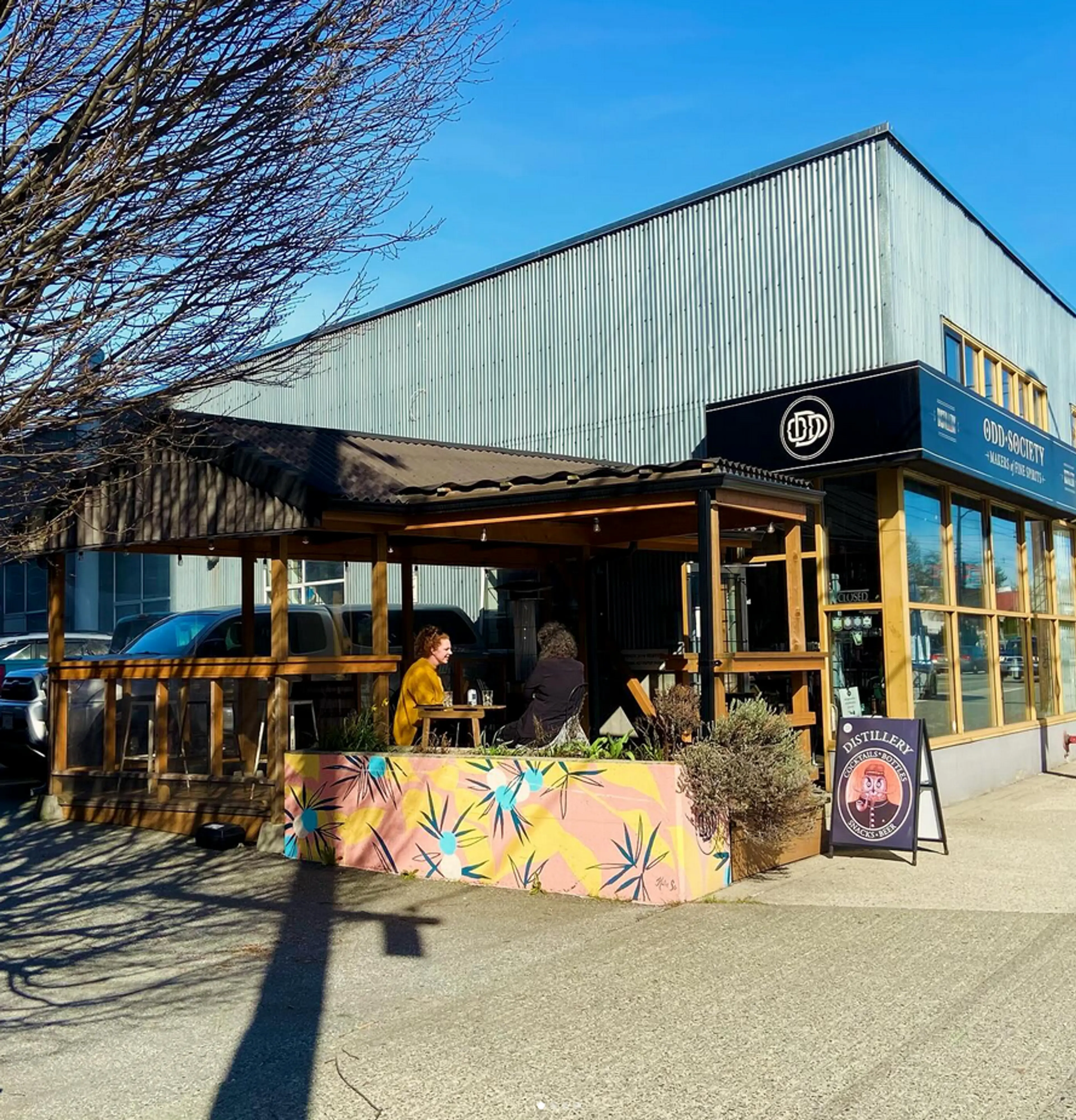 The covered patio at Odd Society Spirits in Vancouver