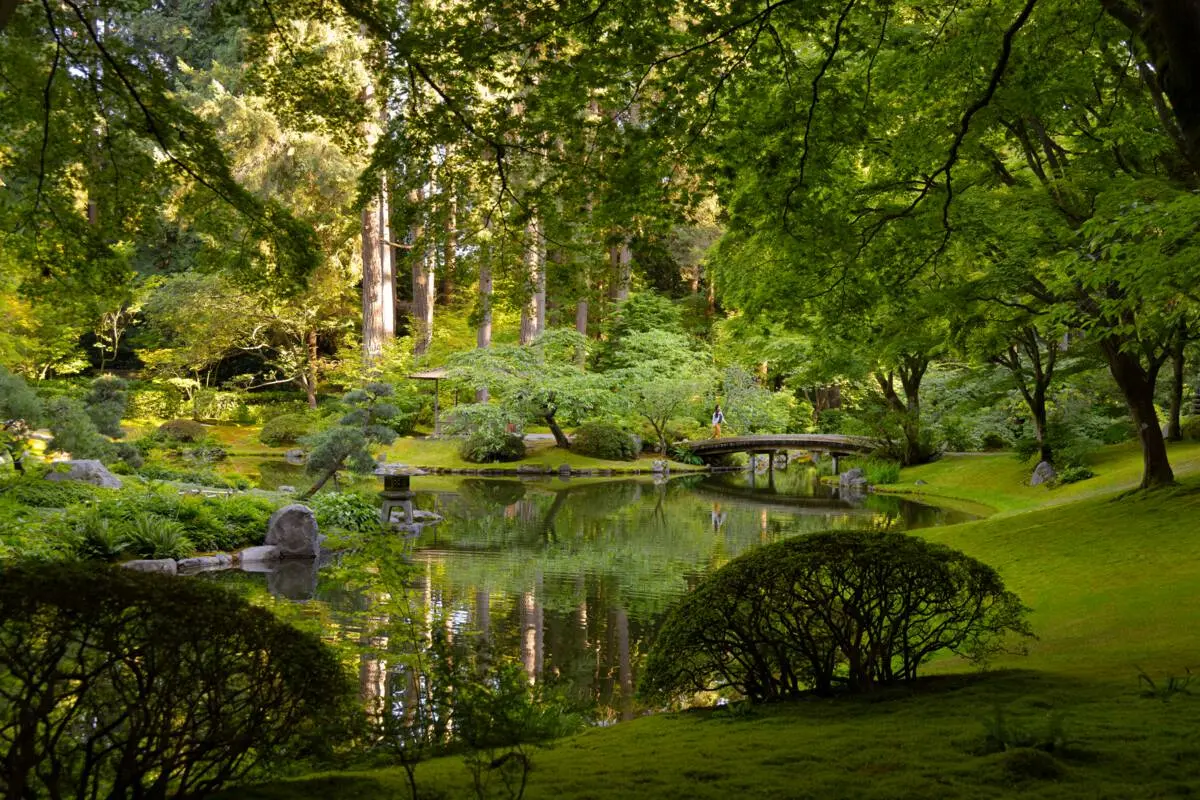 A lush green garden with traditional Japanese architecture.