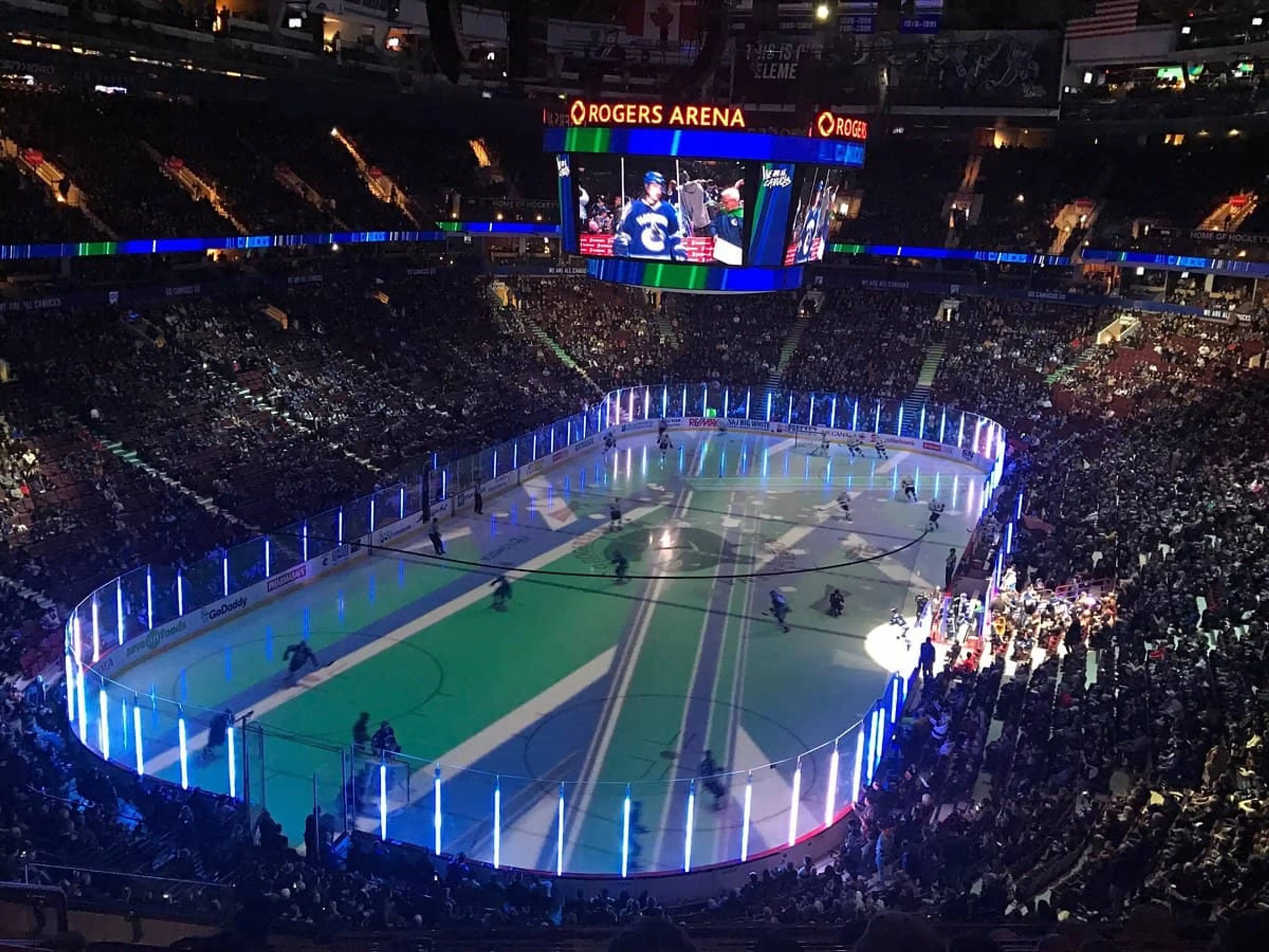 The Vancouver Canucks are playing hockey in a packed Rogers Arena. 