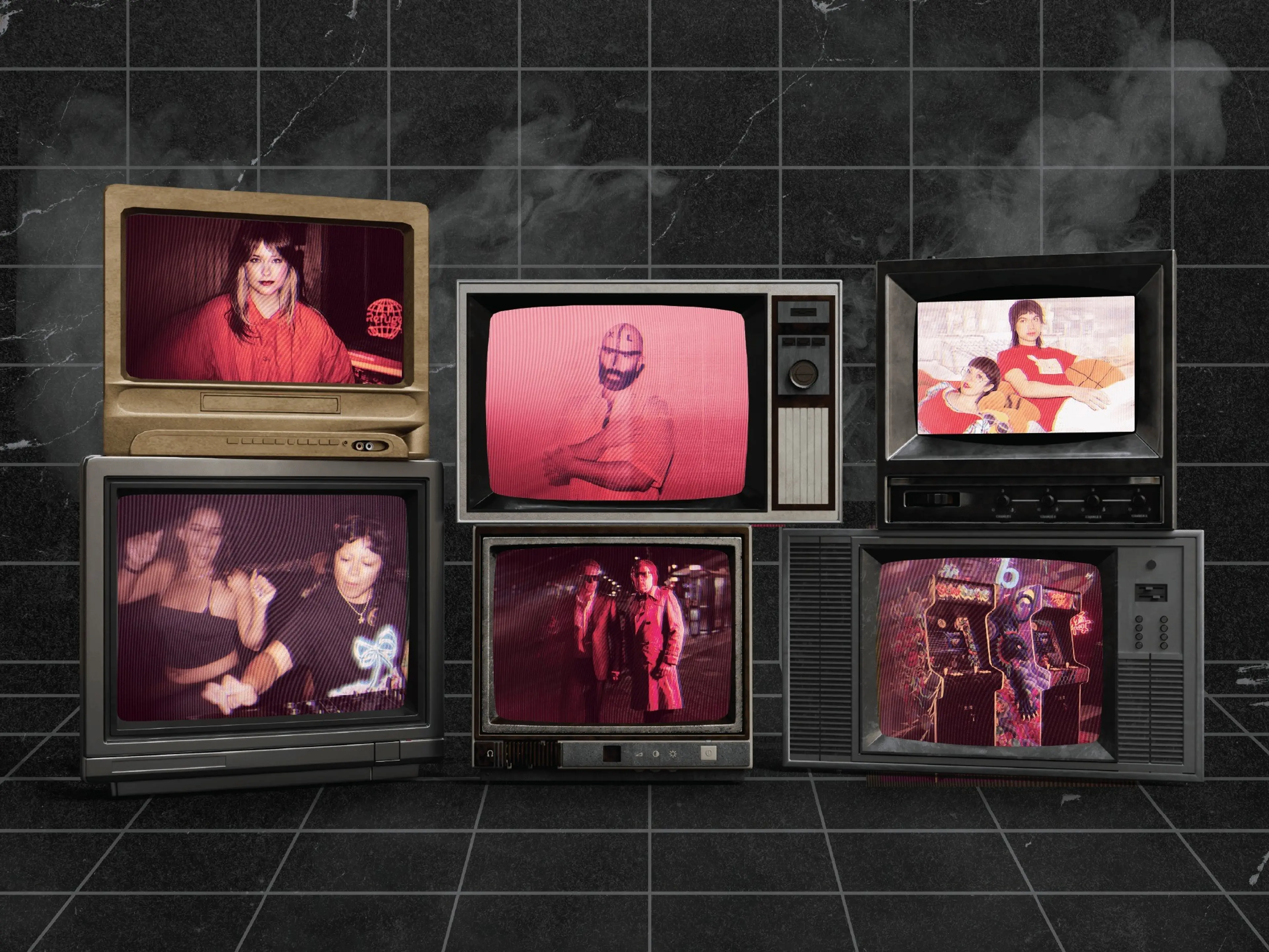 Six vintage televisions stacked, each showing different scenes of people including a person in red, two people dancing, a person with a beard, two people in coats, two people playing arcade games, and two people with a basketball.