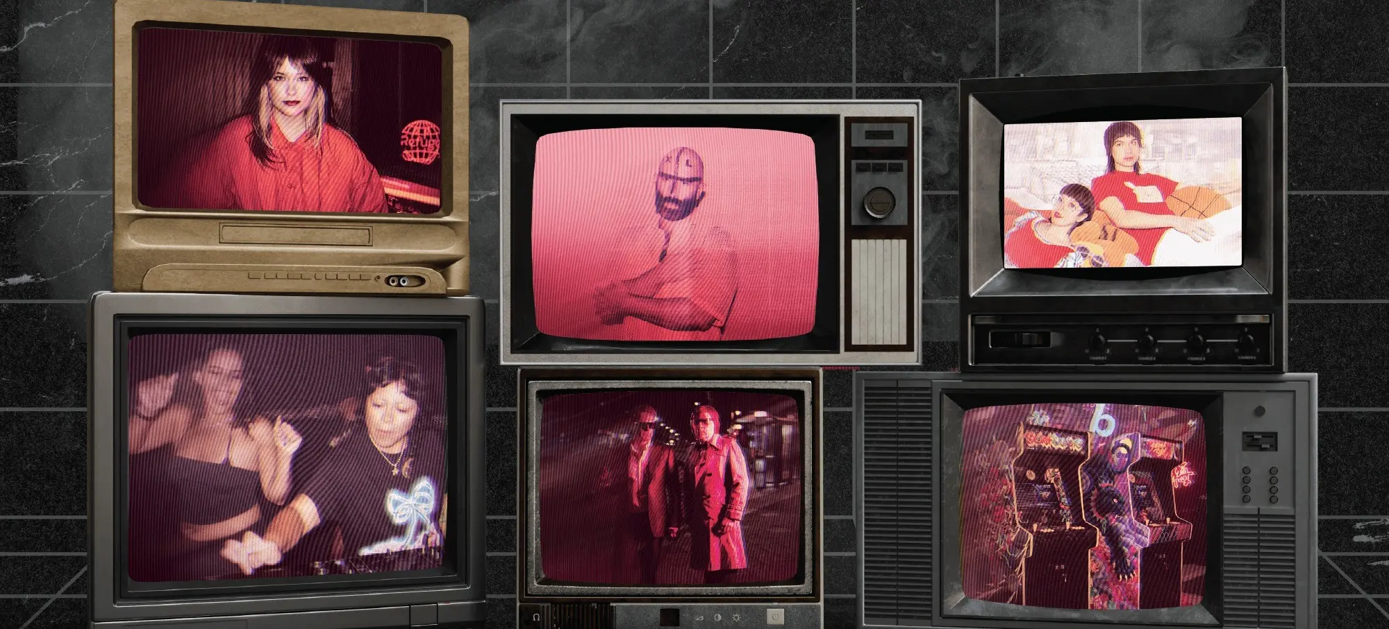 Six vintage televisions stacked, each showing different scenes of people including a person in red, two people dancing, a person with a beard, two people in coats, two people playing arcade games, and two people with a basketball.