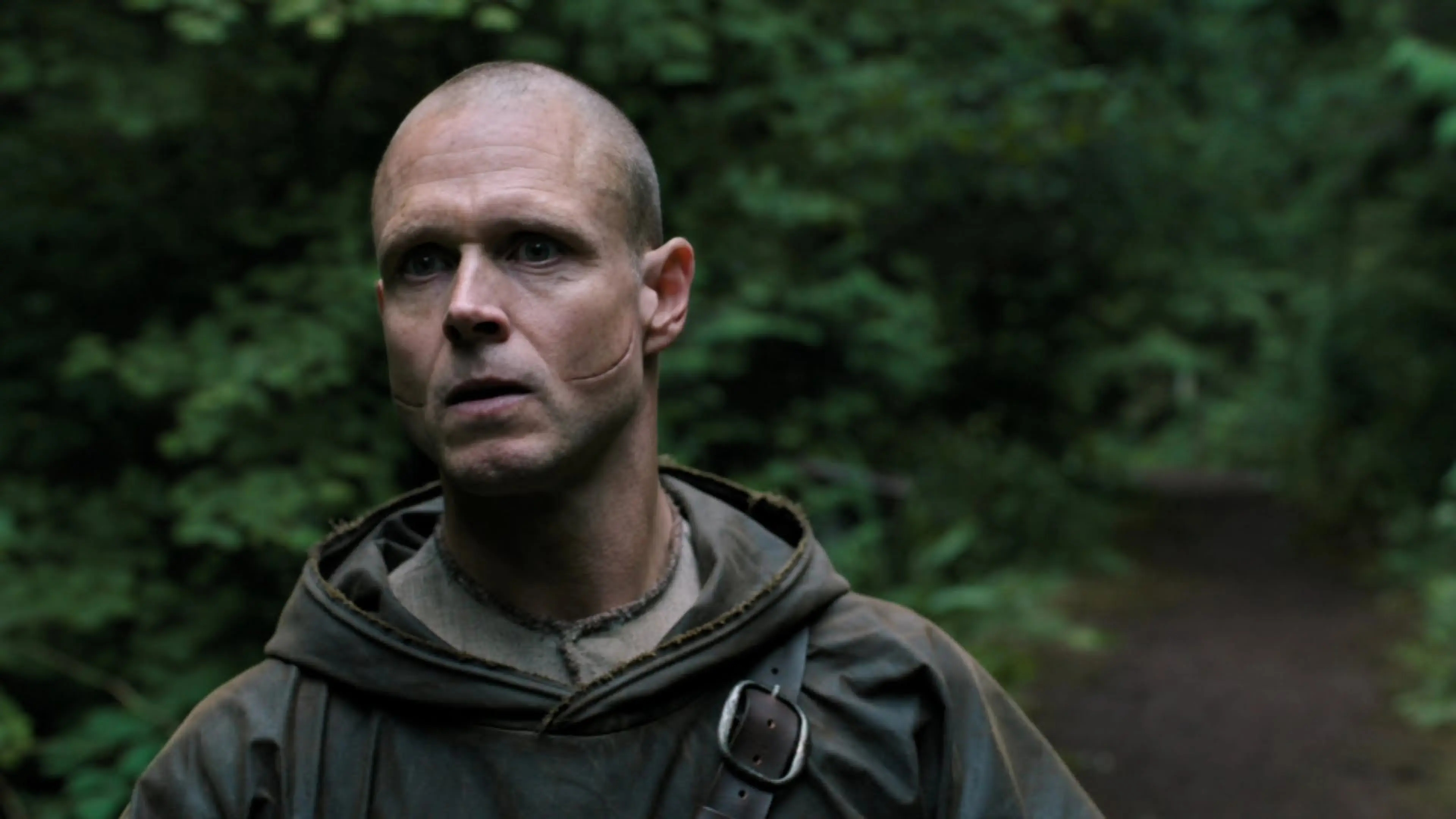 A person with a shaved head and a scar on the cheek wearing a dark hooded cloak standing in a forest path.