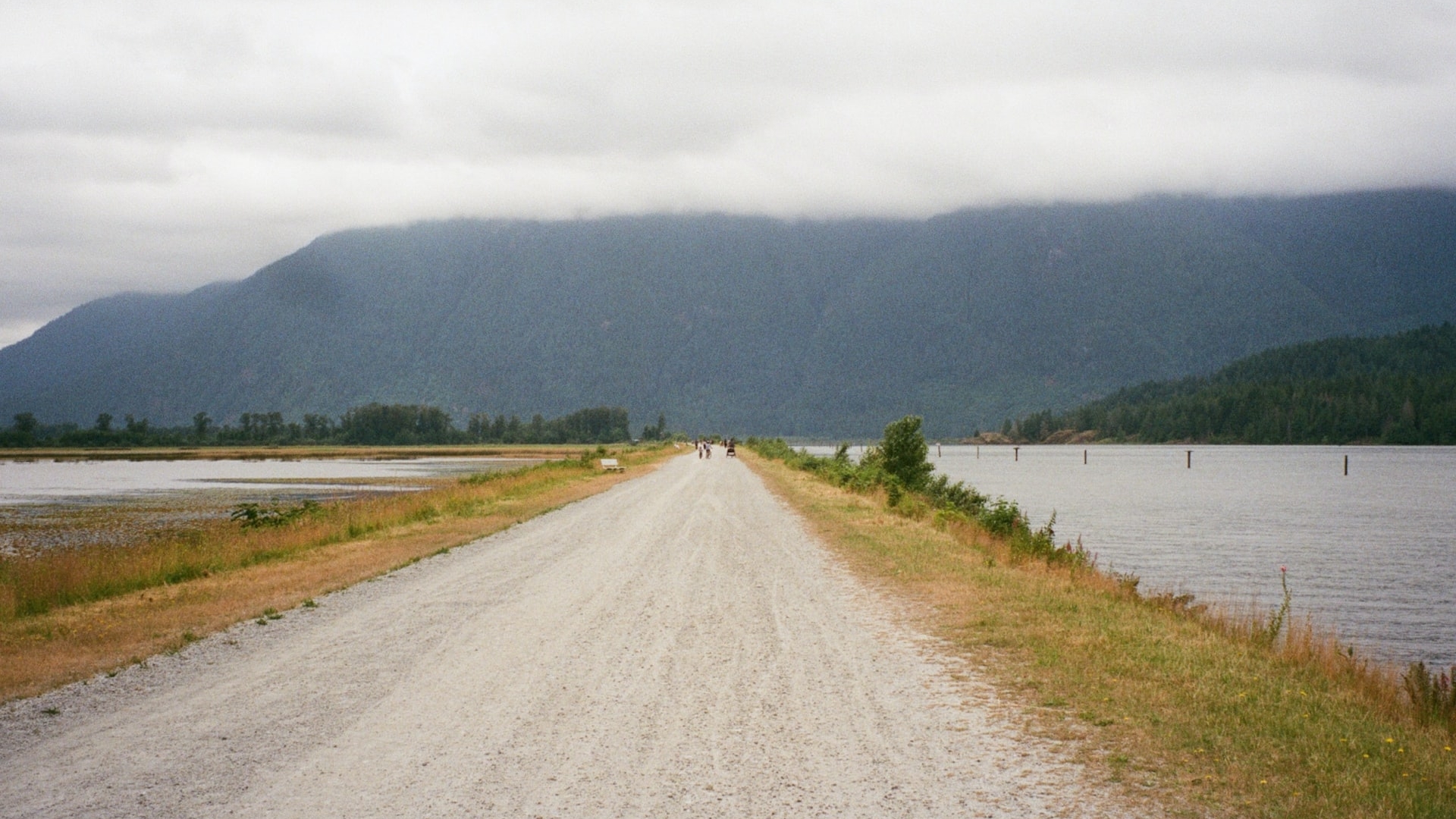 People walk along a dyke at Pitt Lake