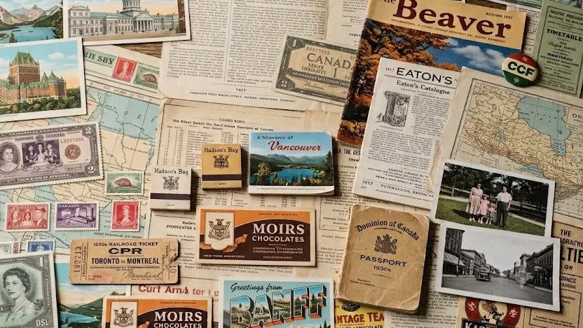 Vintage Canadian memorabilia including postcards, stamps, a CPR train ticket, Moirs chocolates, a Dominion of Canada passport, and old photographs.