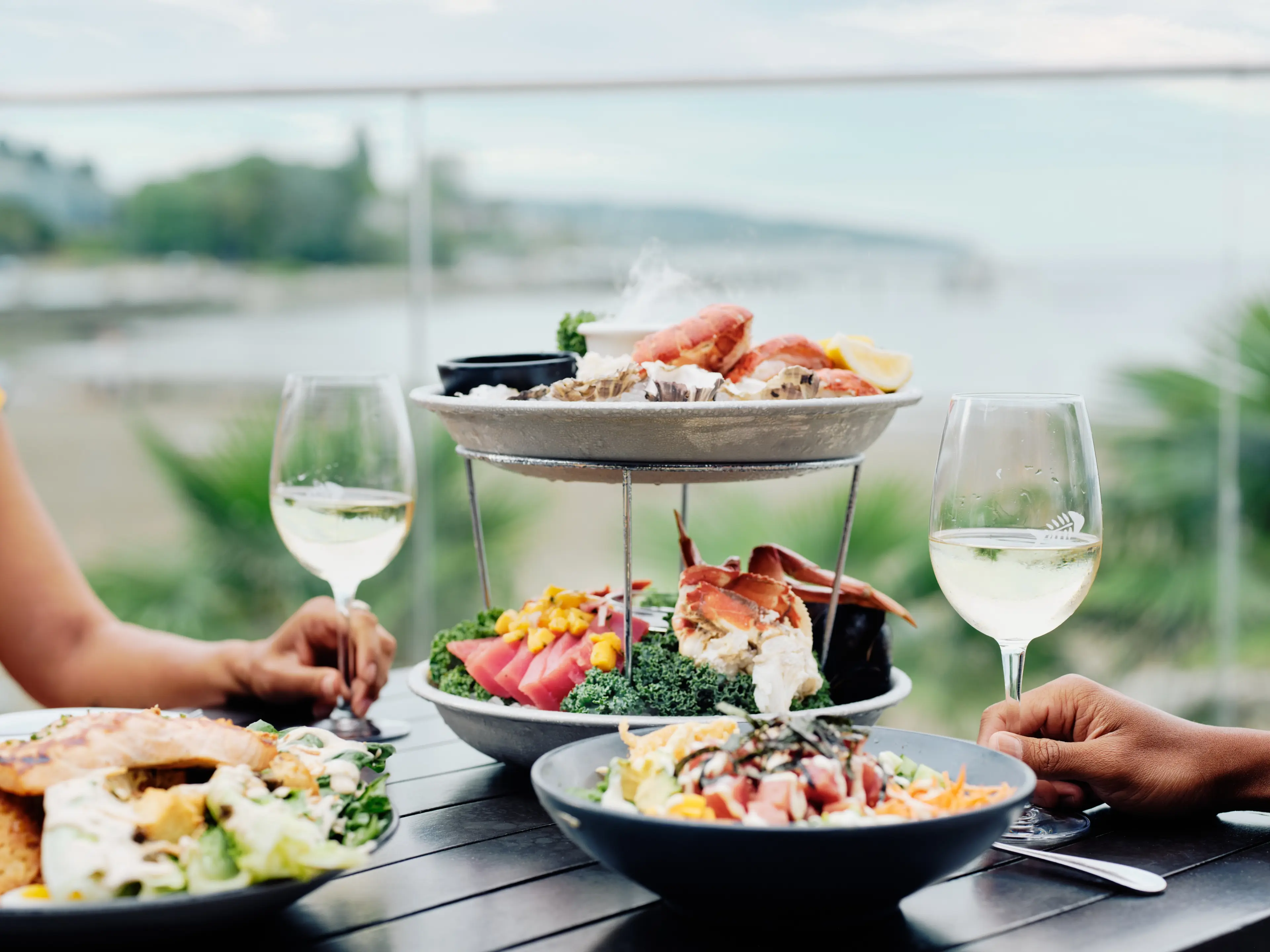 Plates of seafood on a table. 