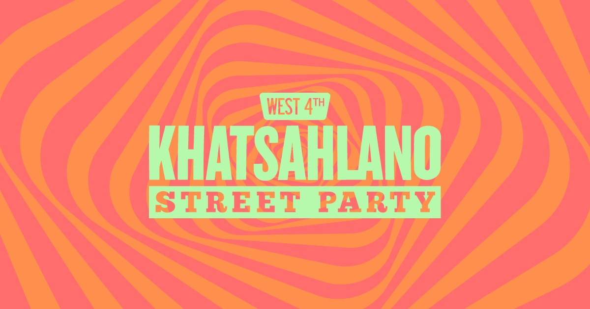 Text reading West 4th Khatsahlano Street Party on an orange and pink wavy background.
