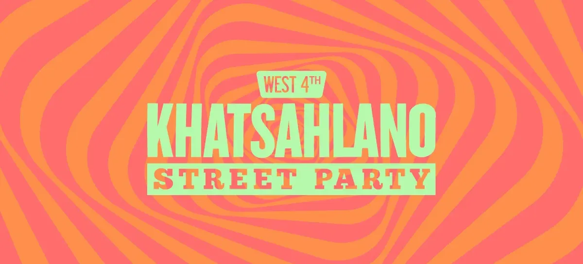 Text reading West 4th Khatsahlano Street Party on an orange and pink wavy background.