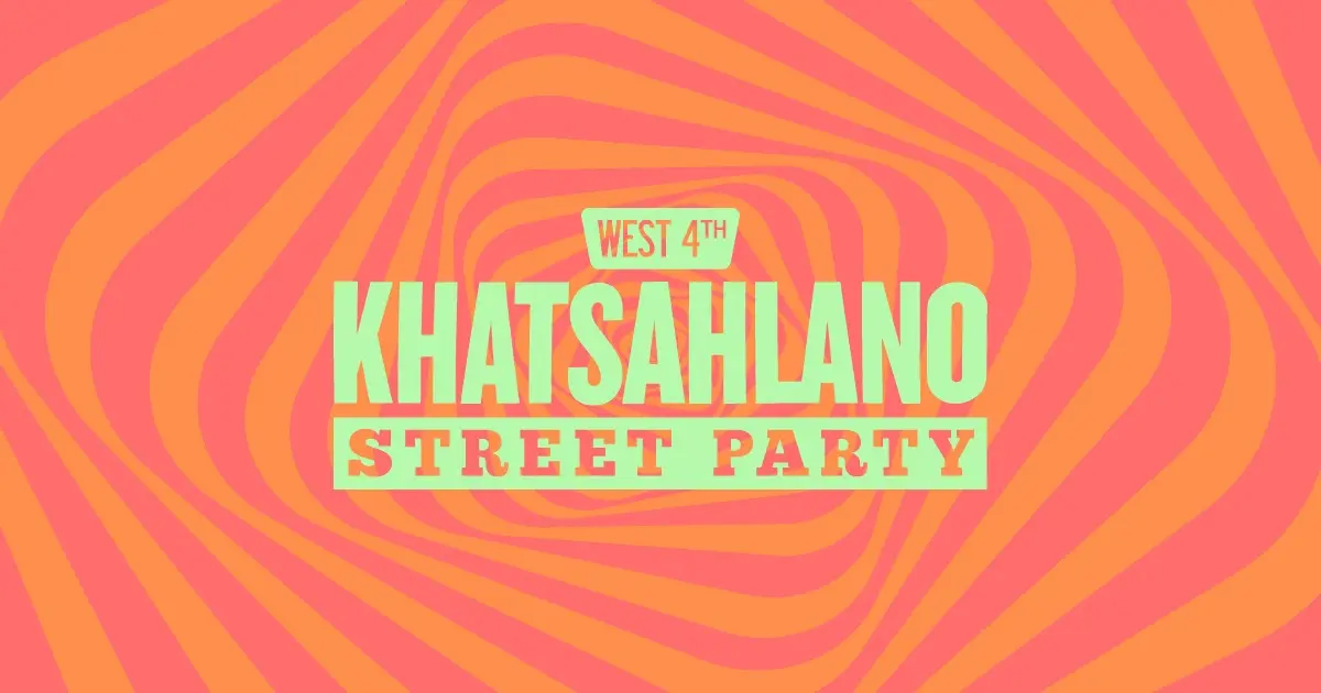 Text reading West 4th Khatsahlano Street Party on an orange and pink wavy background.