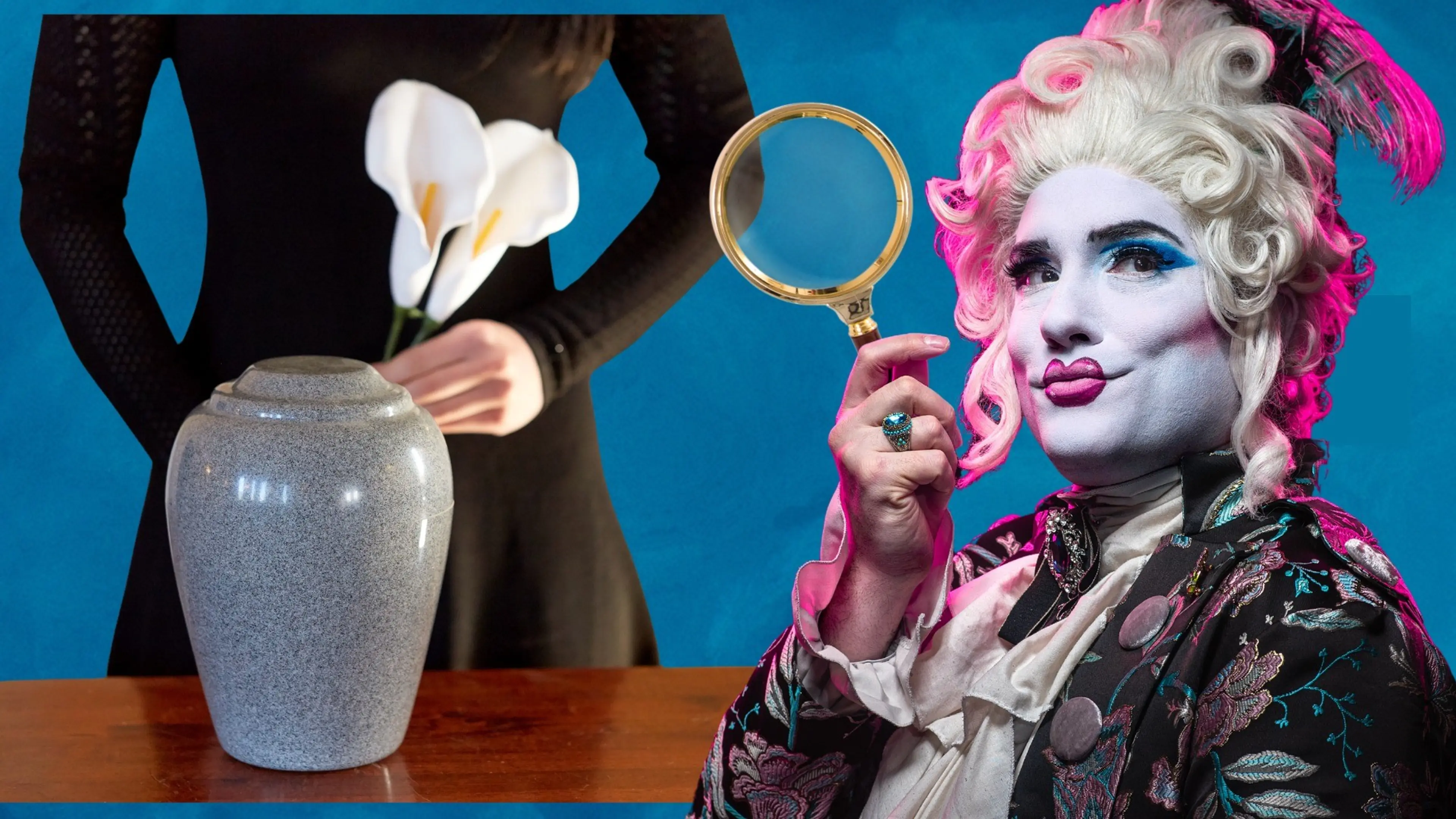 Person in black dress holding white calla lilies behind a gray urn on a wooden table, next to a person in elaborate white wig and theatrical makeup holding a magnifying glass.