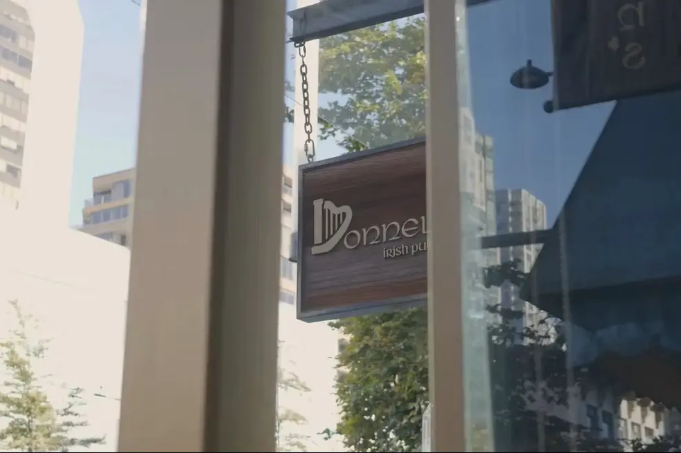 Wooden hanging sign for an Irish pub with partial text visible, seen through a window with buildings and trees outside.