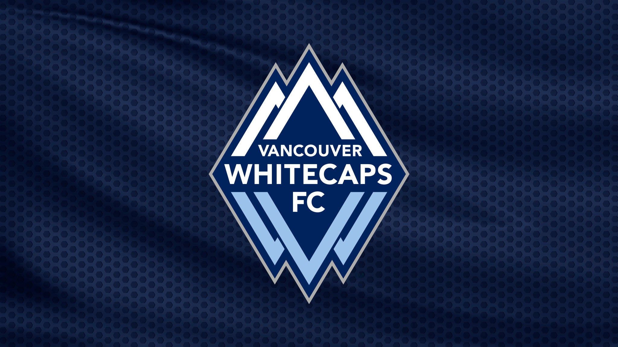 Vancouver Whitecaps FC logo with stylized mountain peaks on a dark blue textured background.