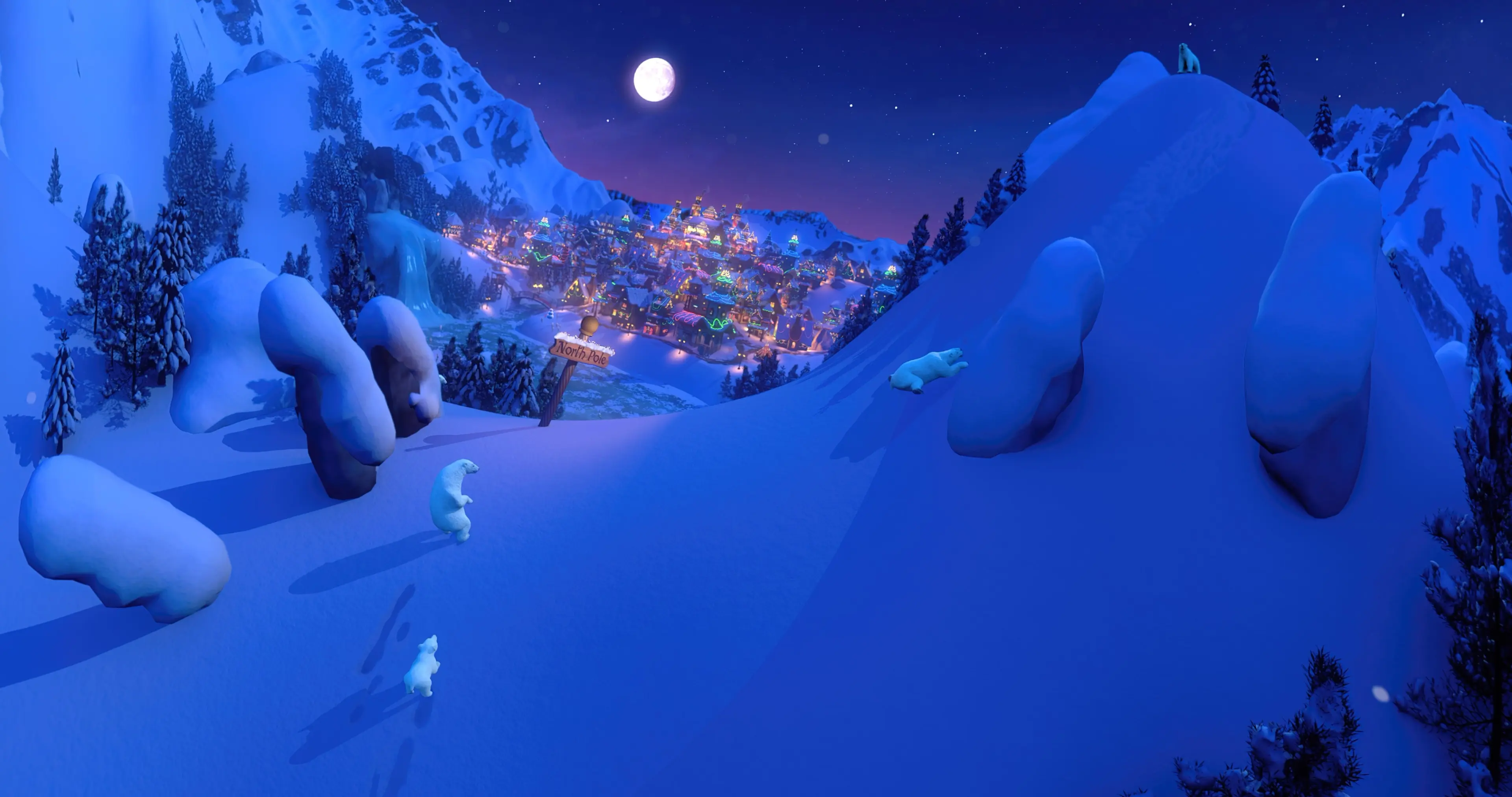  An aerial view of an animated snowy landscape with polar bears and a town in the distance seen during the Soar with Santa show at Flyover Canada.