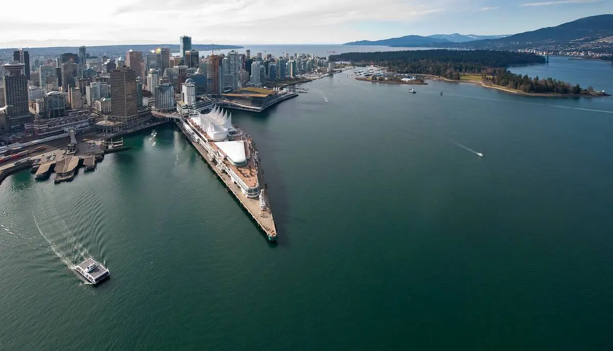 Aerial view of the Seabus making its way across Burrard Inlet.