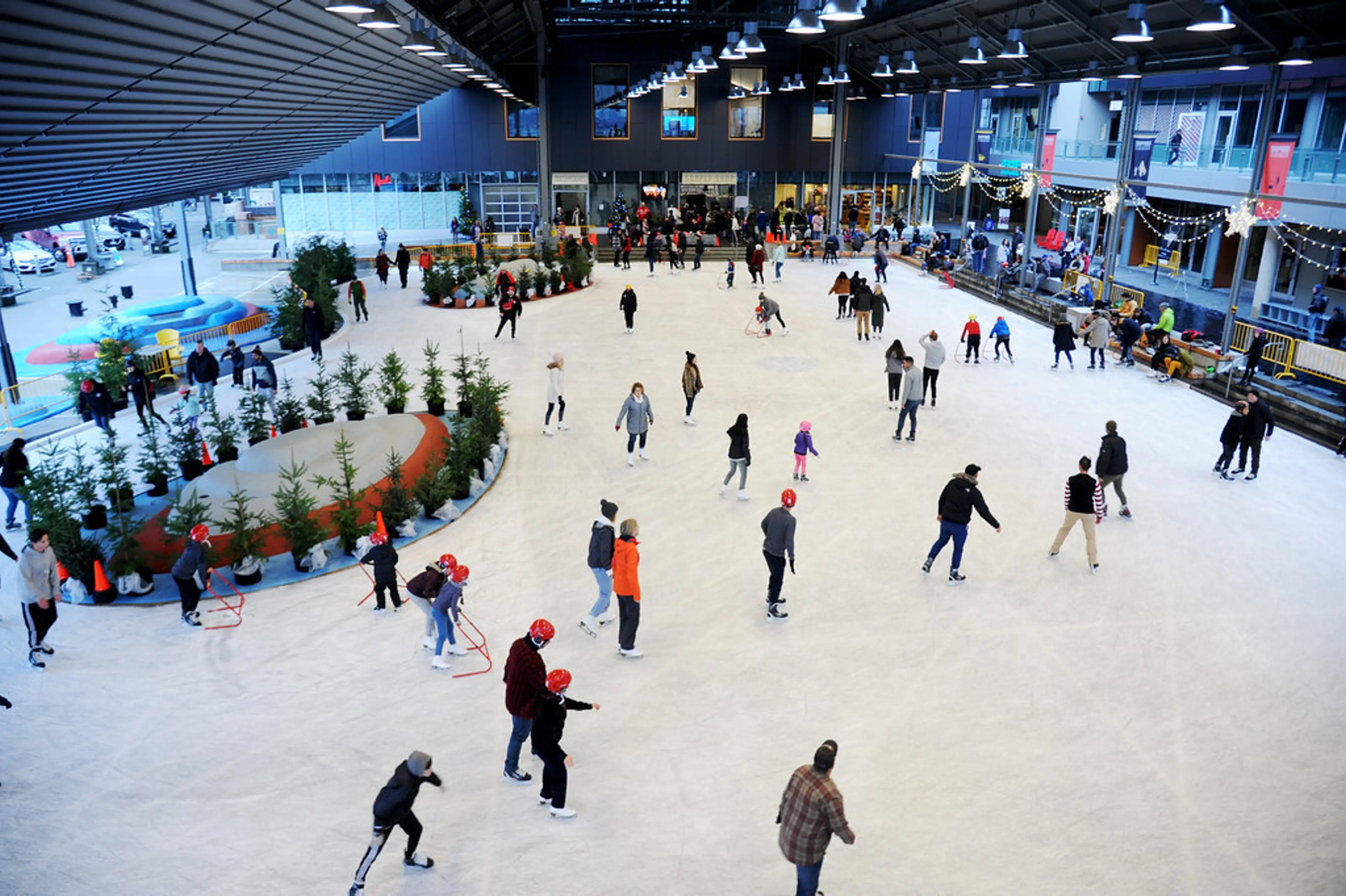 Skaters at the Shipyards Skate Plaza in North Vancouver