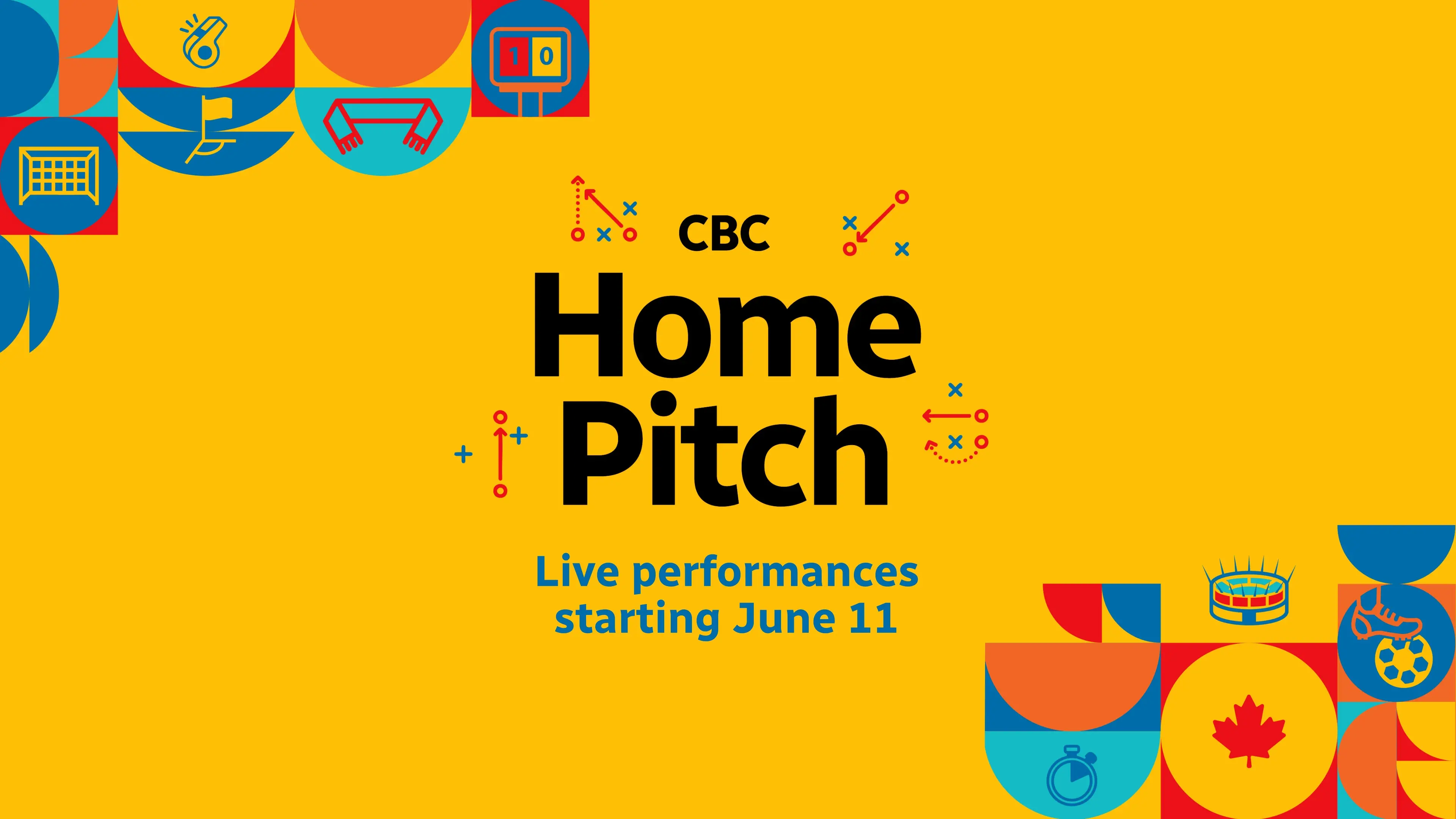 CBC Home Pitch logo with text Live performances starting June 11 on a yellow background with sports icons and geometric shapes.