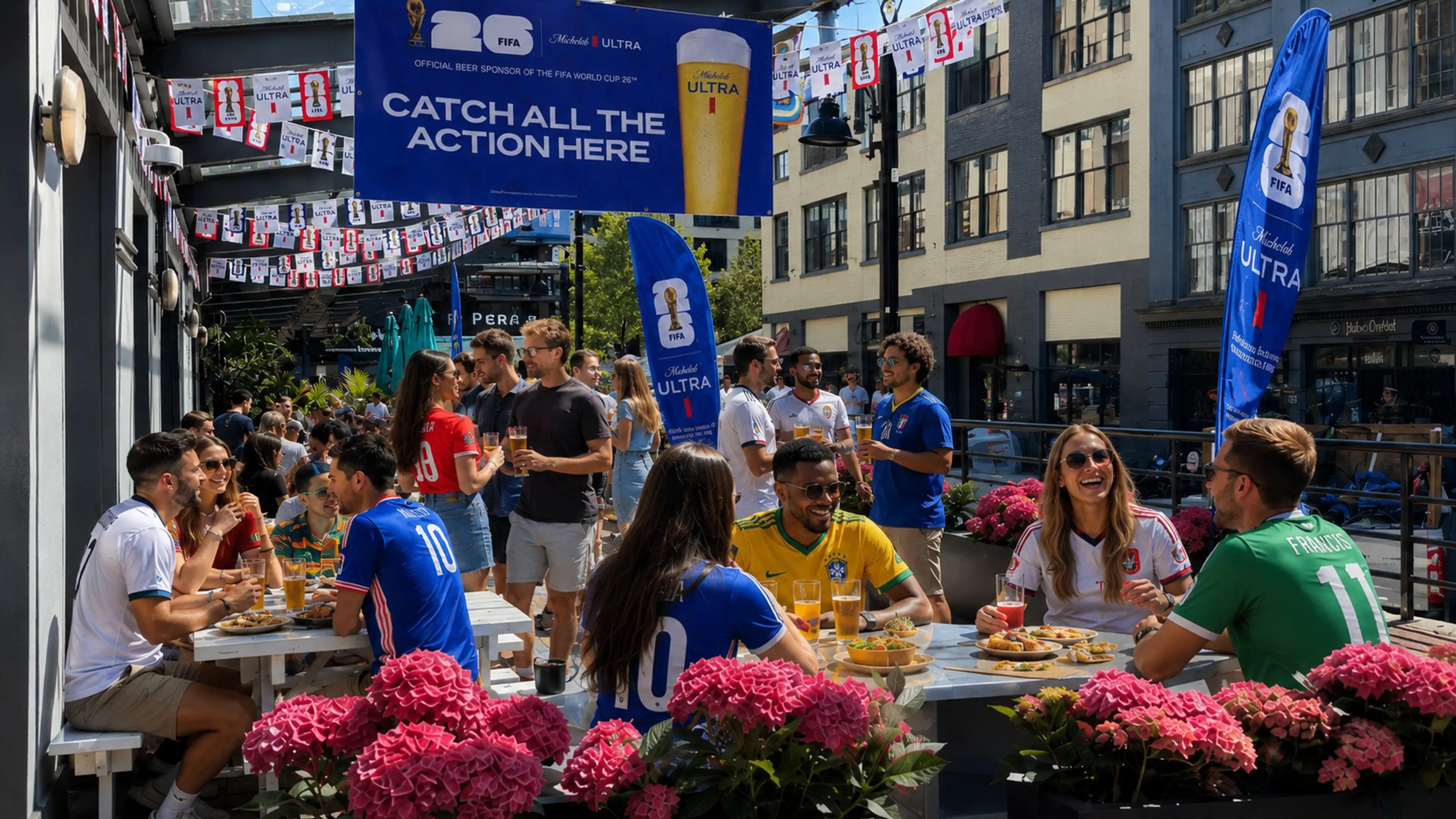 People wearing soccer jerseys sitting and standing at outdoor tables with drinks and food under FIFA World Cup banners and flags.