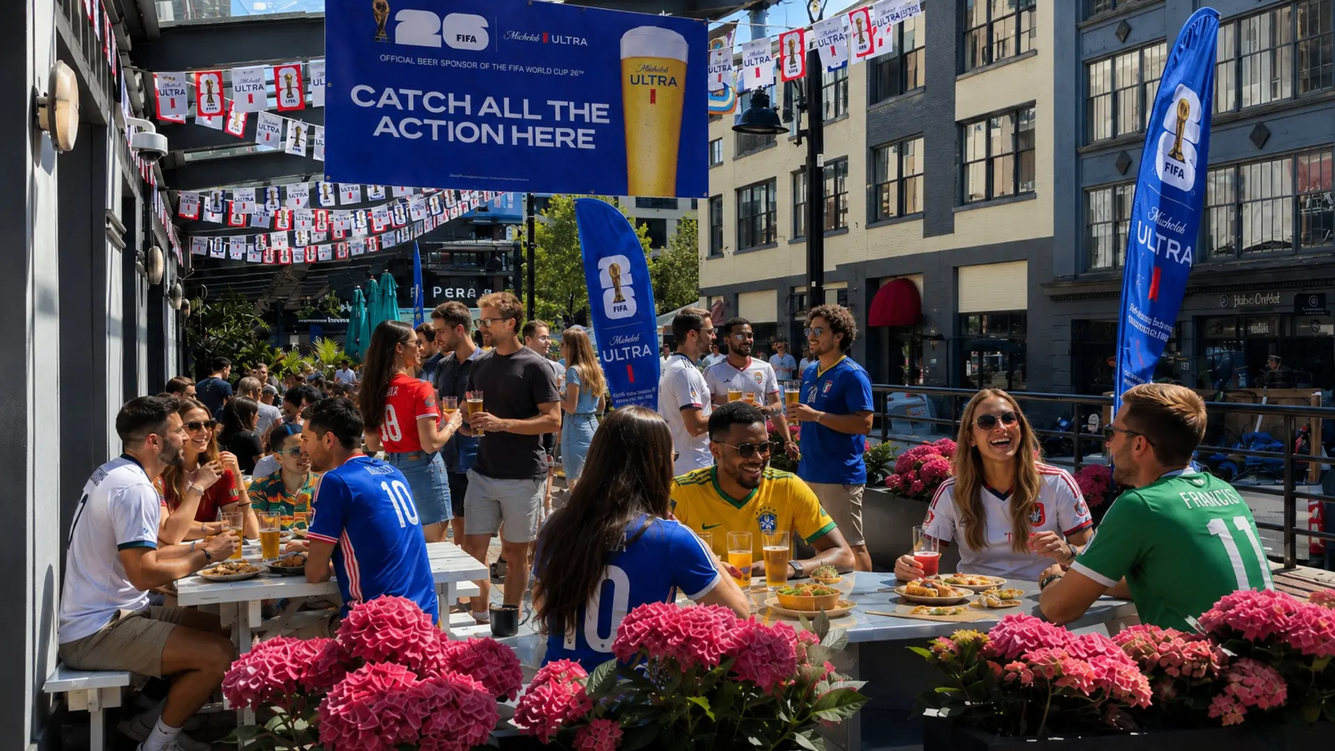 People wearing soccer jerseys sitting and standing at outdoor tables with drinks and food under FIFA World Cup banners and flags.