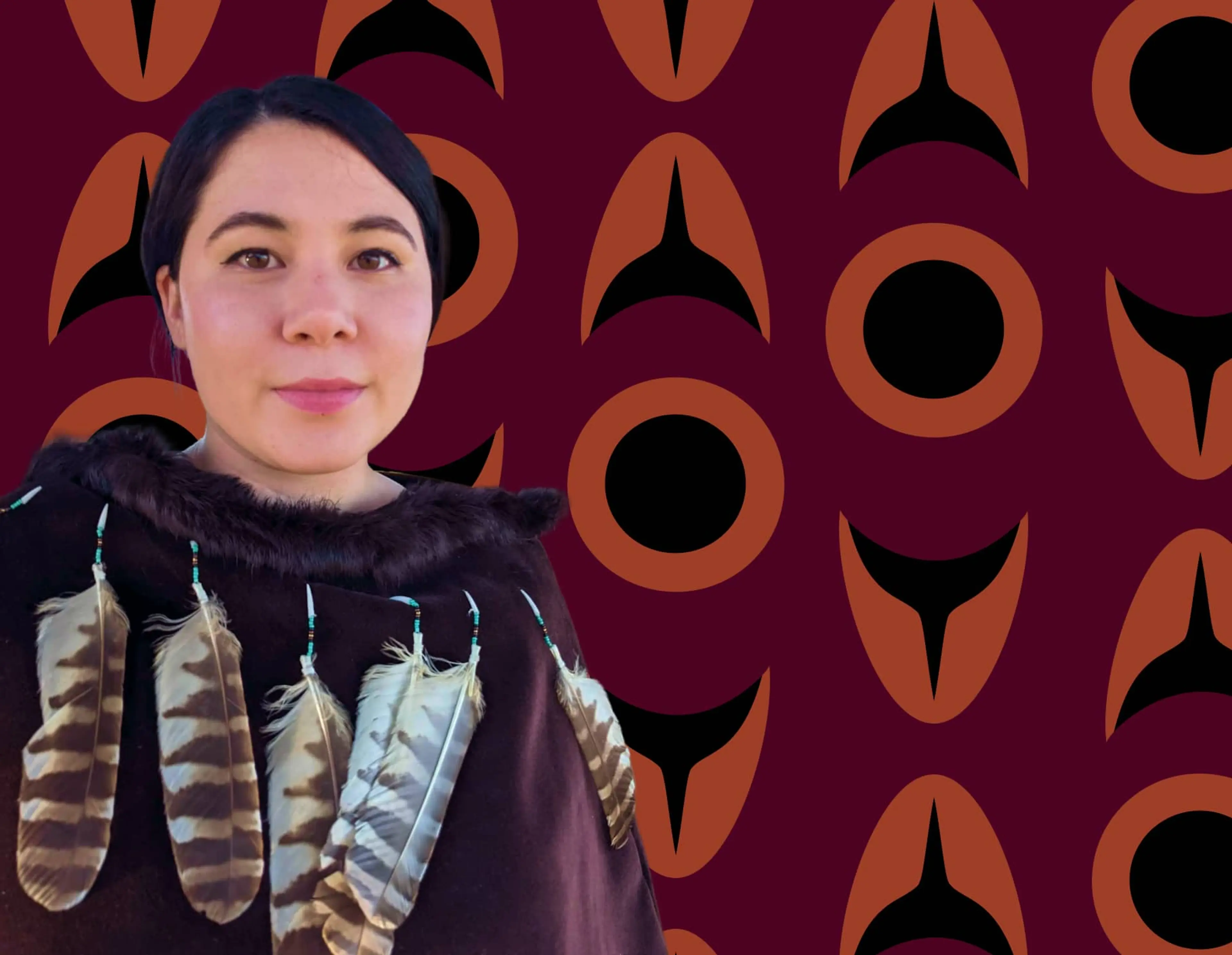 Woman wearing a dark garment adorned with large feathers, standing against a maroon background with abstract brown and black shapes.
