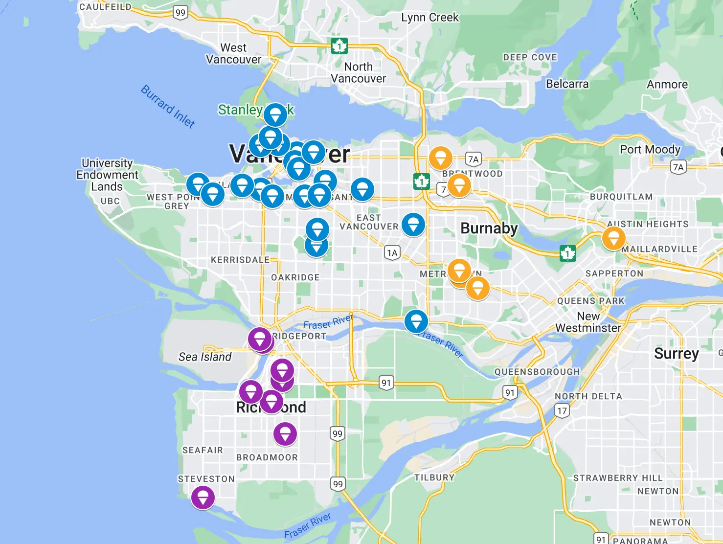 Map showing locations of participating vendors at the Vancouver Ice Cream Festival.