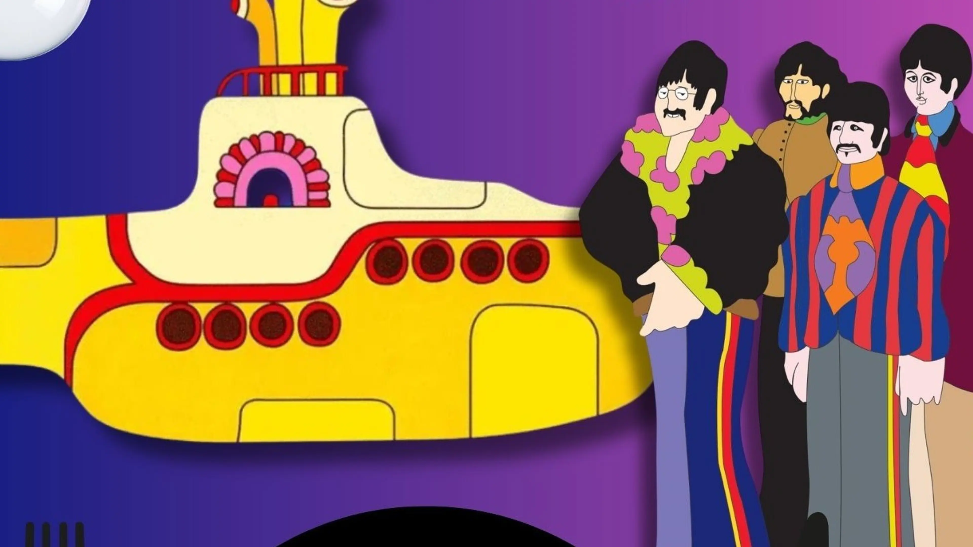 Animated yellow submarine with four stylized people standing beside it against a purple background.