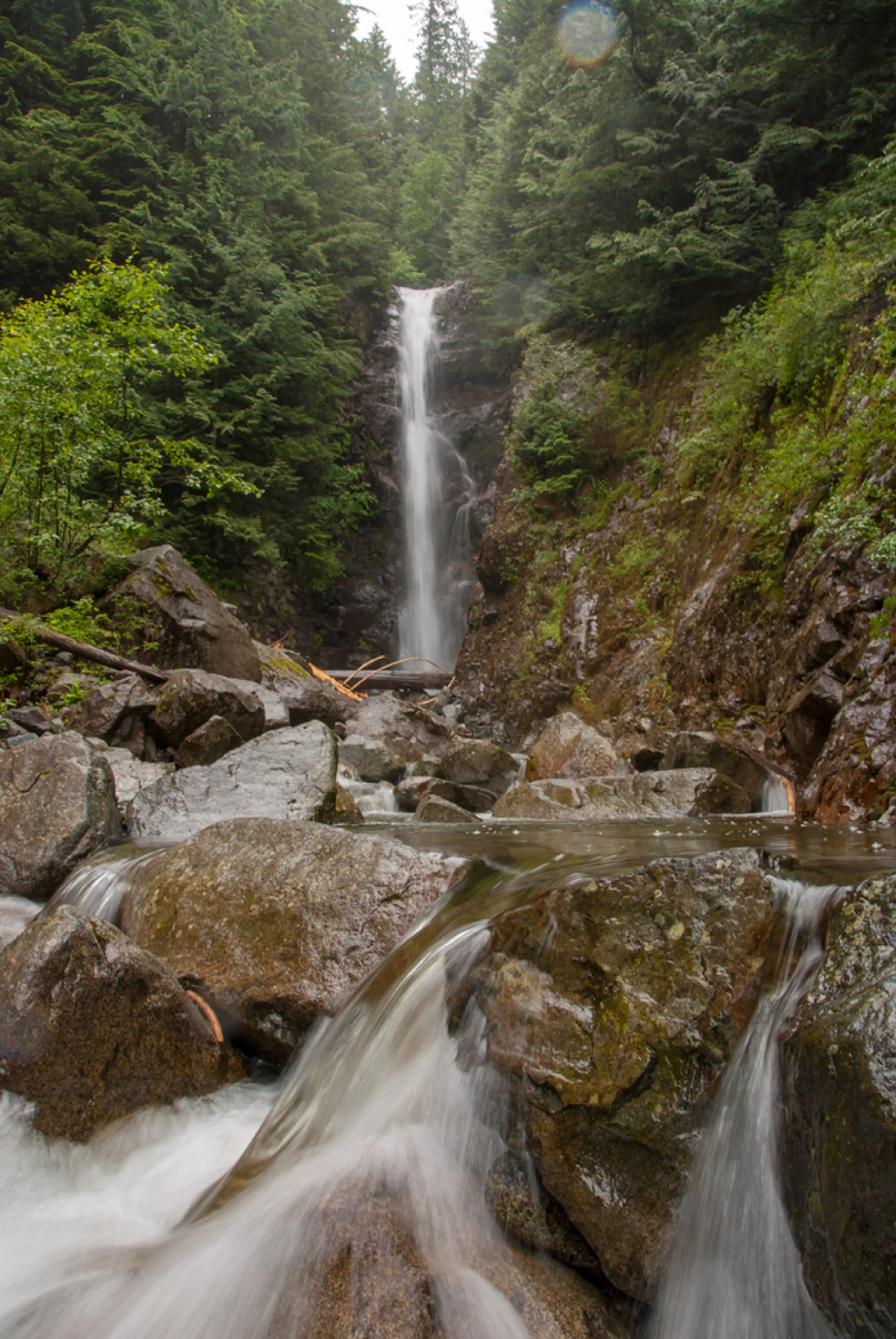The view of Norvan Falls from the streambed