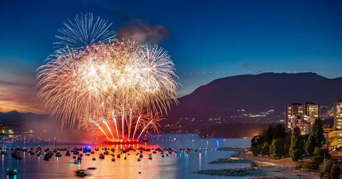 Fireworks explode in white and red reflecting in the ocean. A crowd of onlookers watch from the shore.