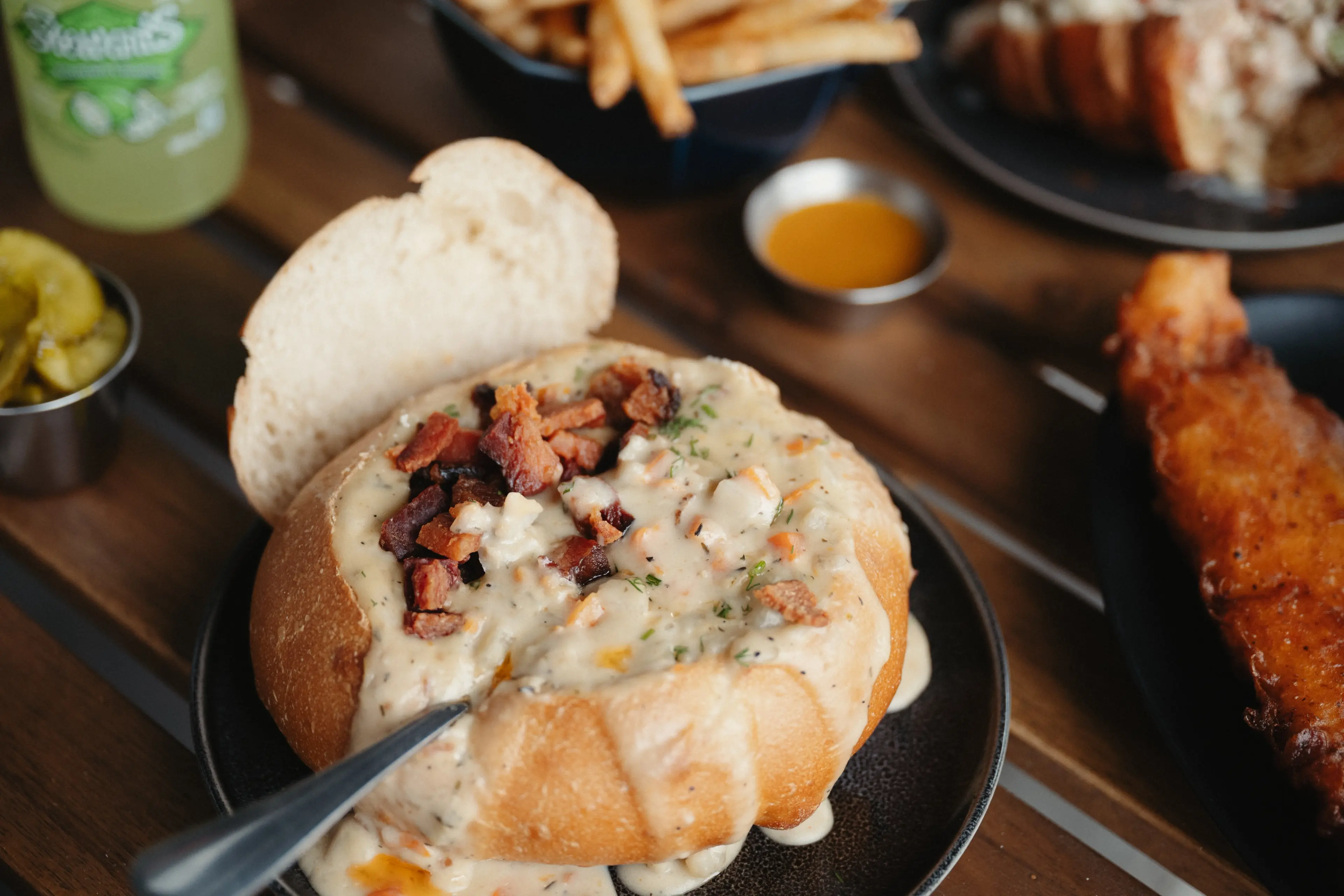 A soup served in a bread bowl at Jack's Chowder in Vancouver.