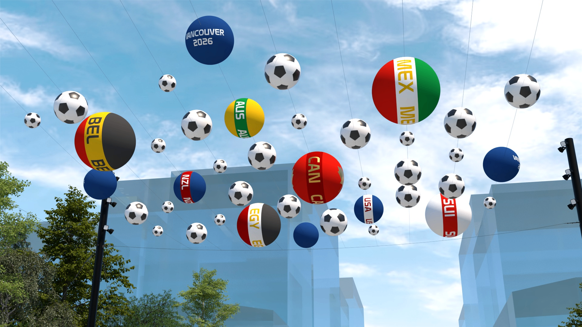 Numerous balloons shaped like soccer balls and country flags floating in the sky above buildings and trees.