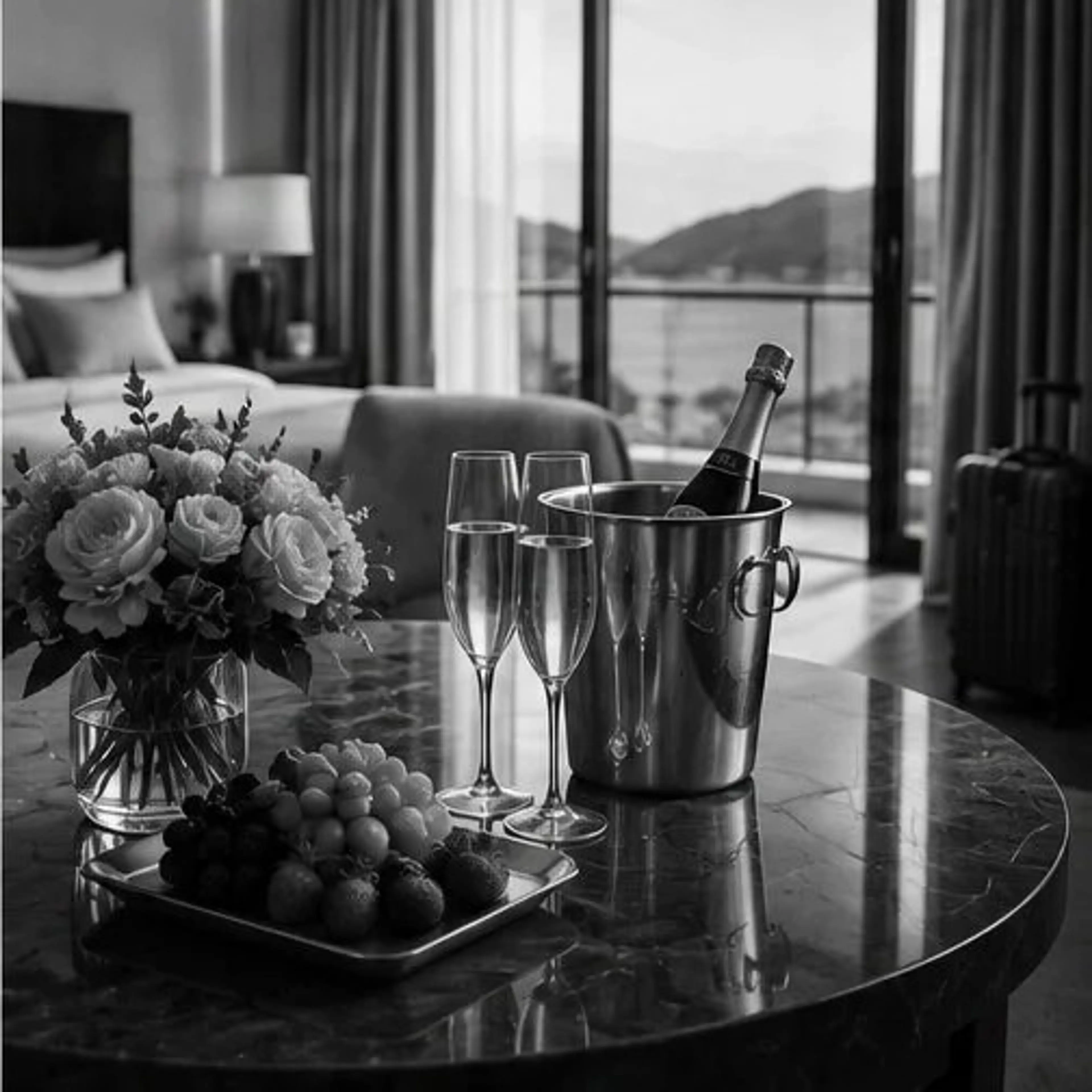 Table with a vase of flowers, a tray of assorted fruits, two filled champagne glasses, and a champagne bottle in an ice bucket in a room with a bed and balcony view.
