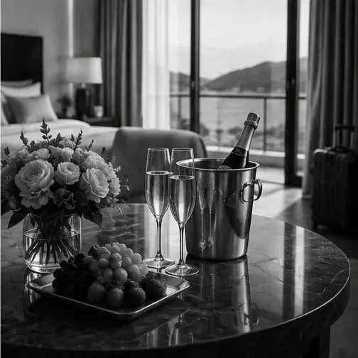 Table with a vase of flowers, a tray of assorted fruits, two filled champagne glasses, and a champagne bottle in an ice bucket in a room with a bed and balcony view.
