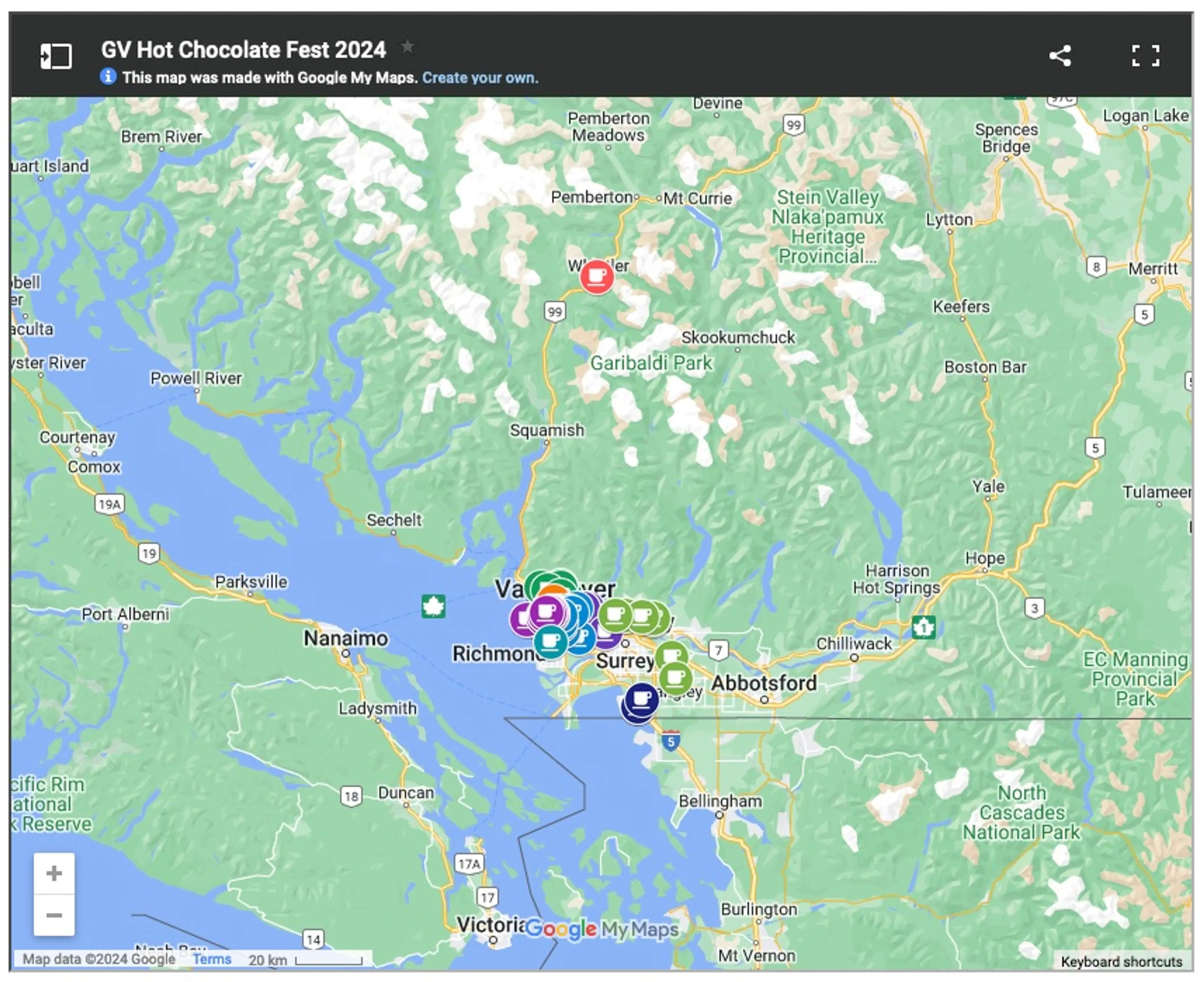Map of the 2024 Vancouver Hot Chocolate Festival Partipating vendors
