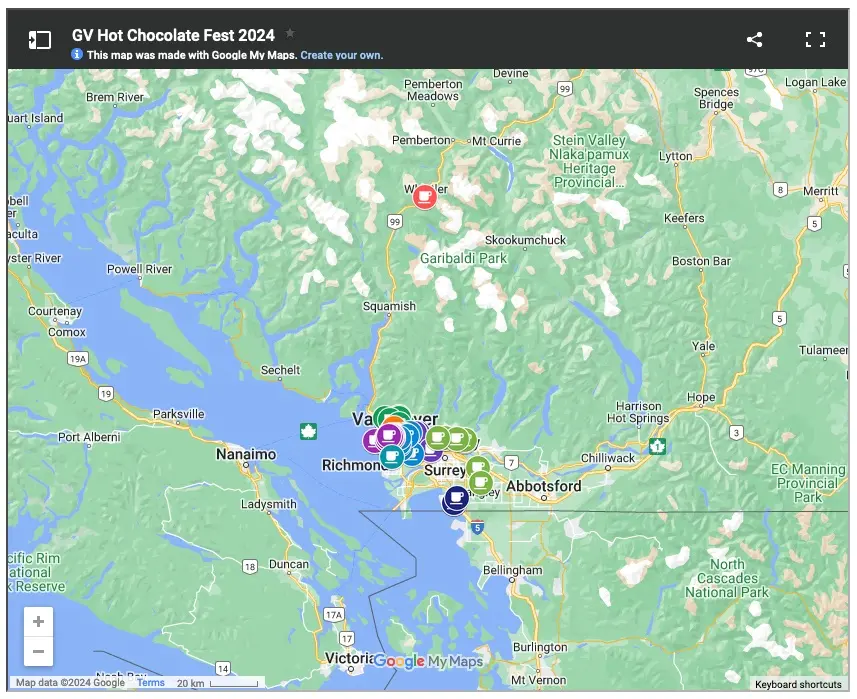 Map of the 2024 Vancouver Hot Chocolate Festival Partipating vendors