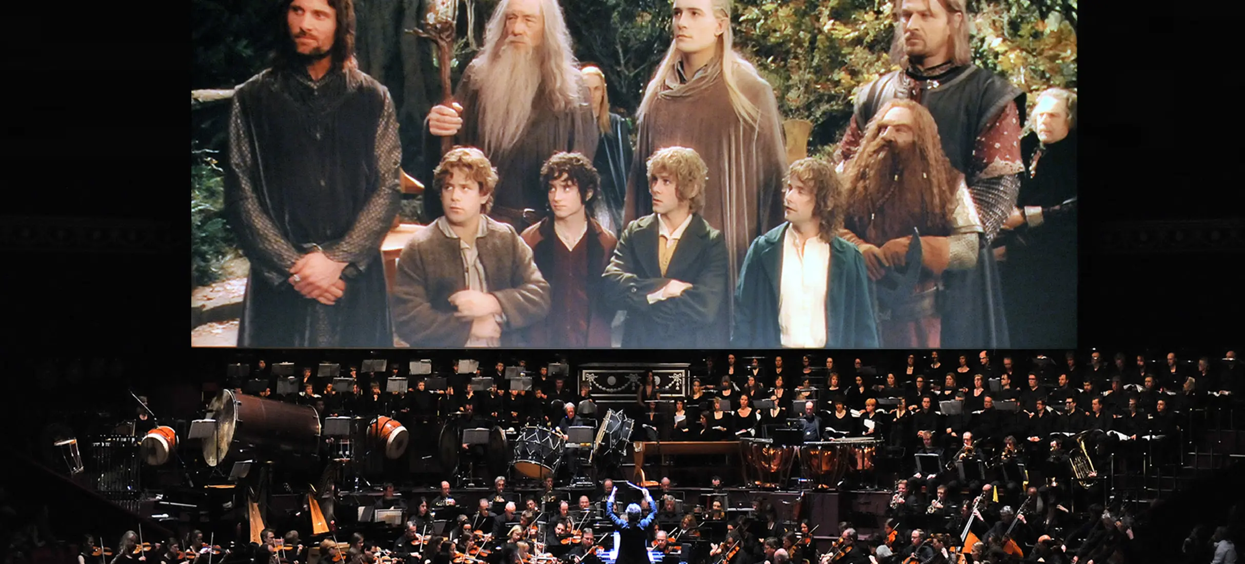 Orchestra and choir performing live in front of a large screen showing a scene from The Lord of the Rings with characters standing in a forest.