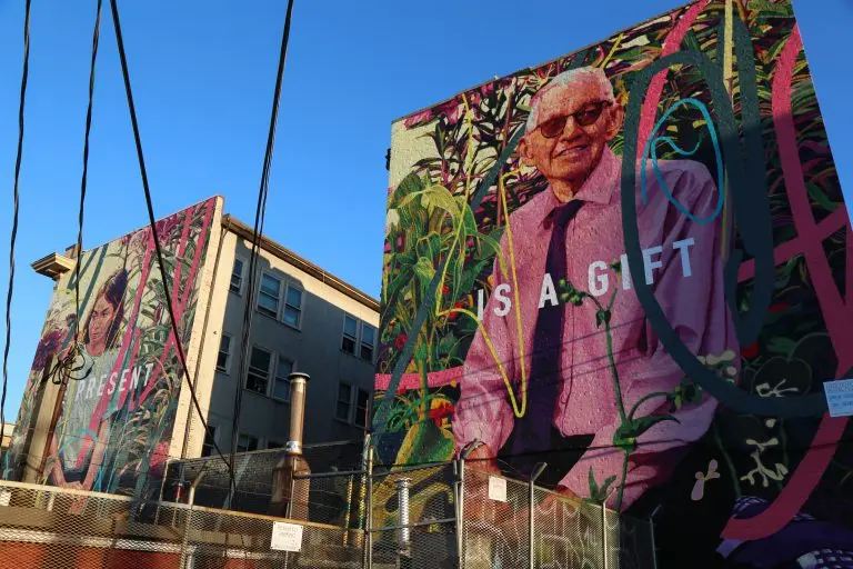 Murals by (left) Drew Young, @drewstuff, and (right) Jay Snetch @j