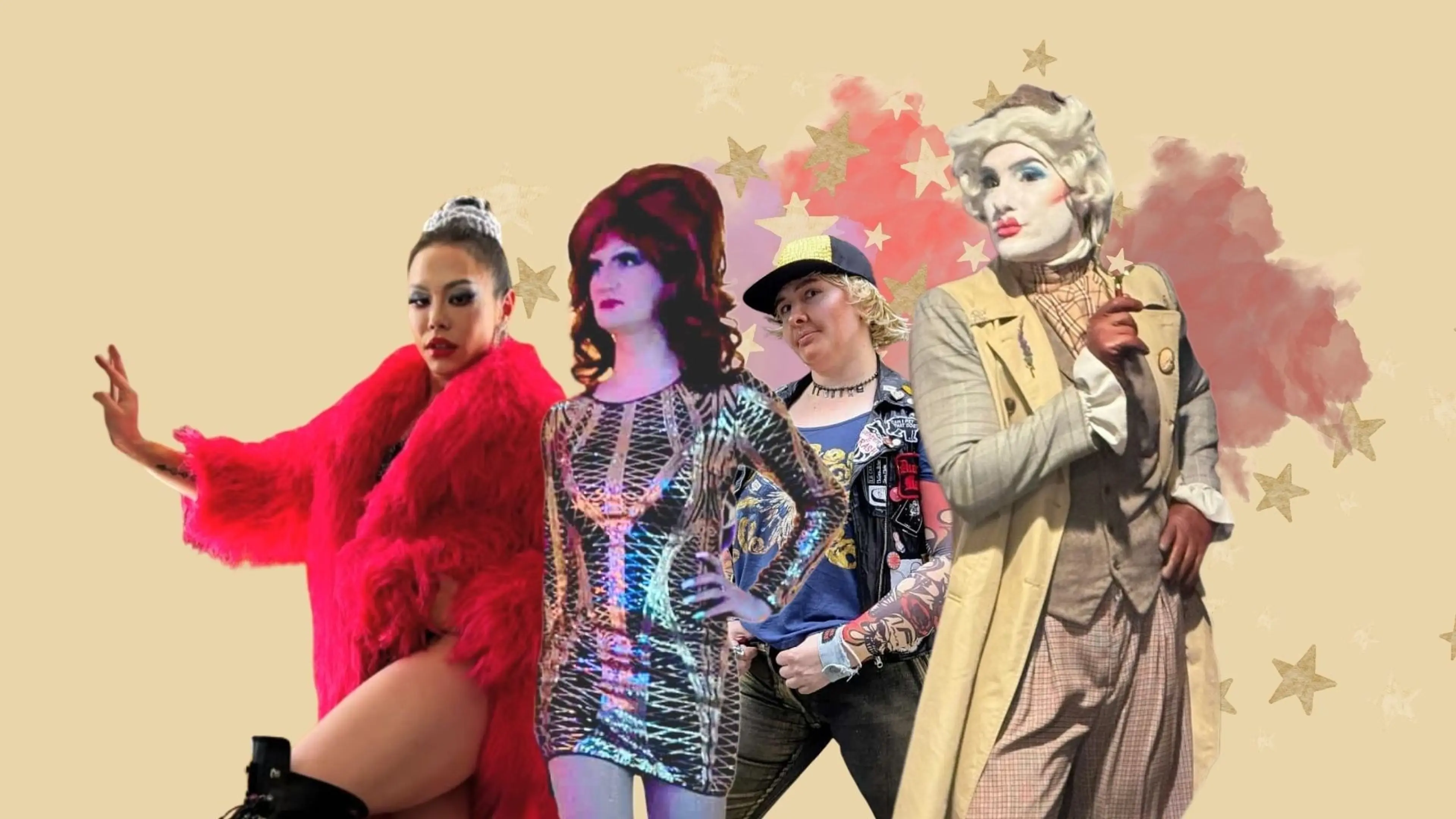 Four people in colorful costumes including a red fur coat, a shiny patterned dress, casual outfit with a cap, and a vintage suit with white face makeup holding a star wand.