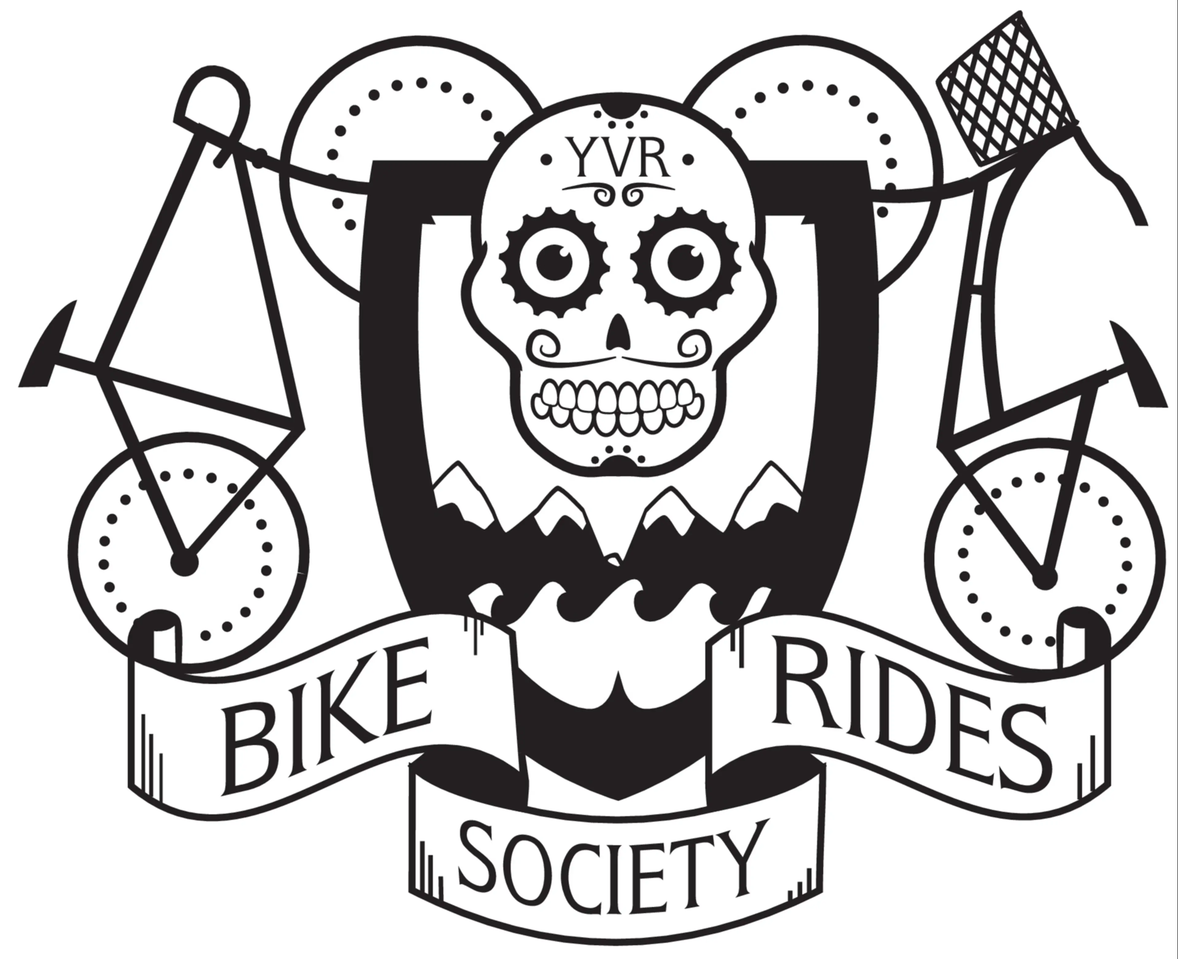 Black and white logo with a stylized skull, mountains, waves, and a bicycle, with text reading Bike Rides Society and YVR.