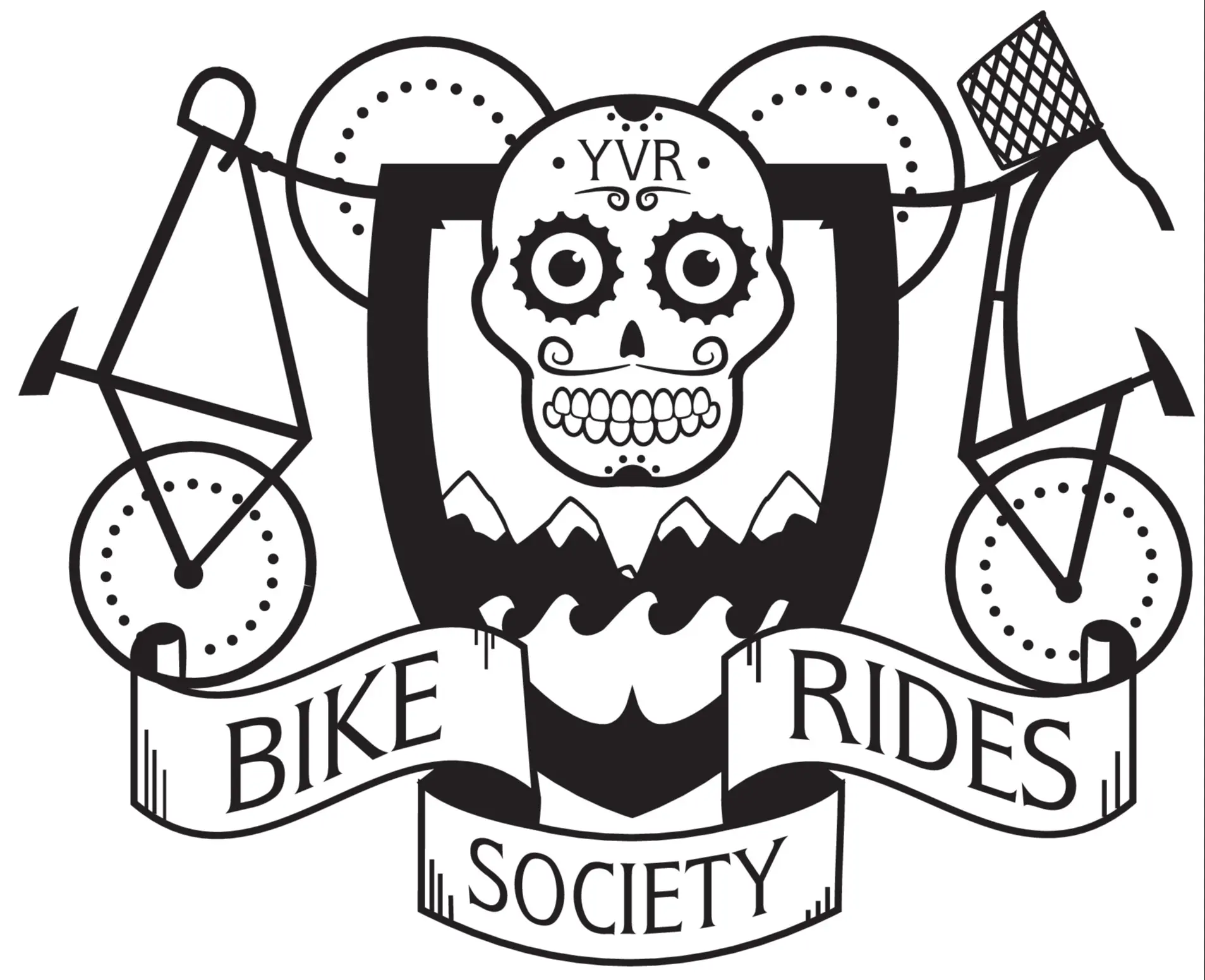 Black and white logo with a stylized skull, mountains, waves, and a bicycle, with text reading Bike Rides Society and YVR.