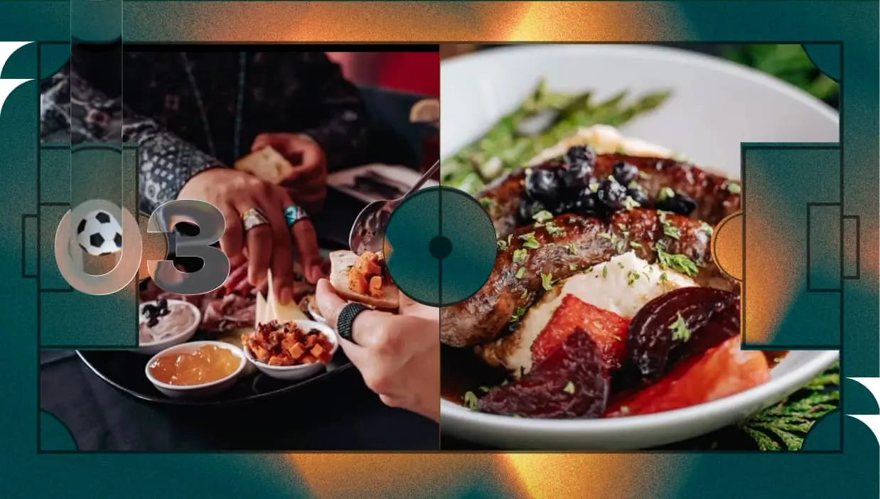 Left side shows hands serving food with small bowls of dips; right side shows a plate with sausage, mashed potatoes, and vegetables.