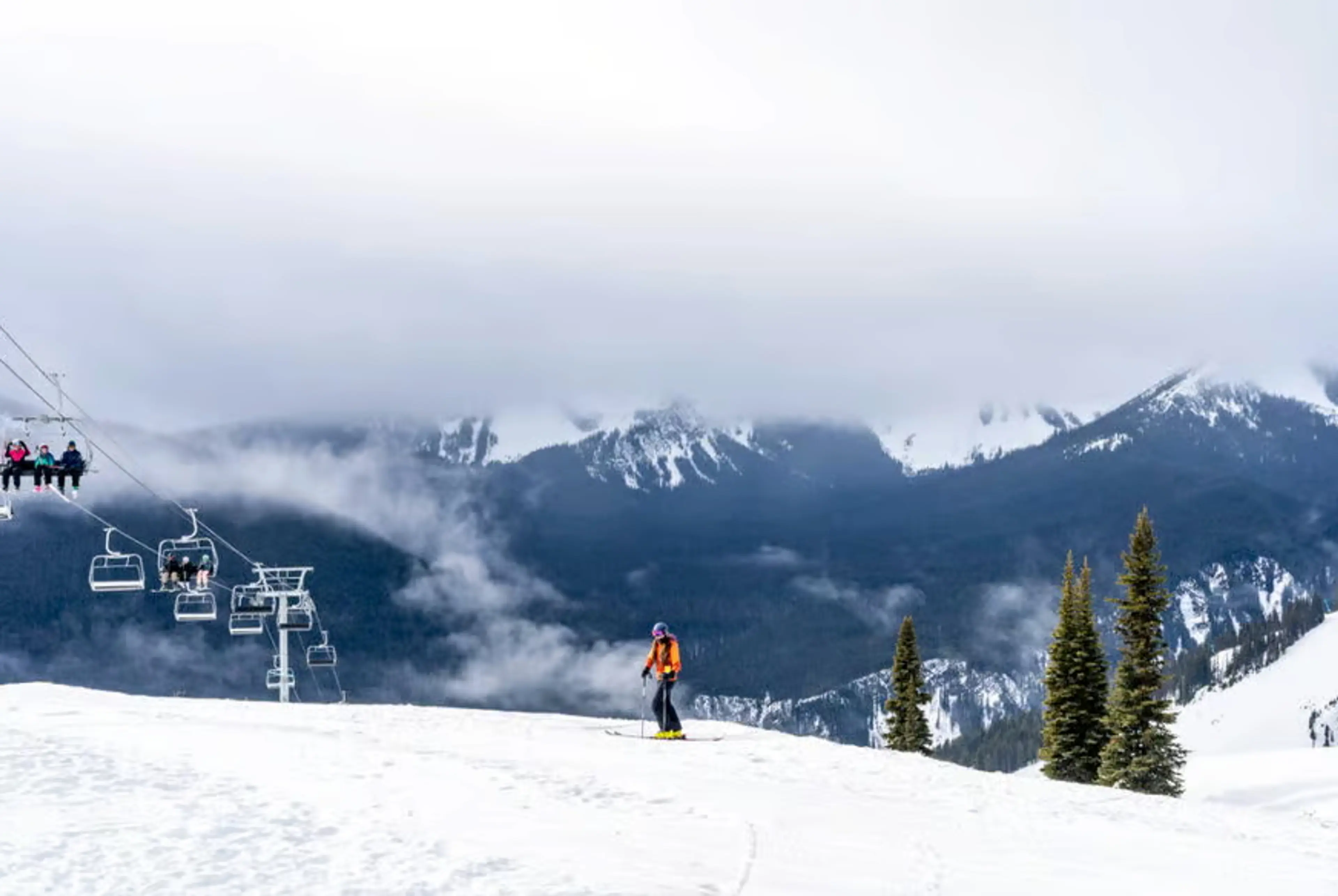 A skier poses near a ski lift at Manning Park Resort near Vancouver.
