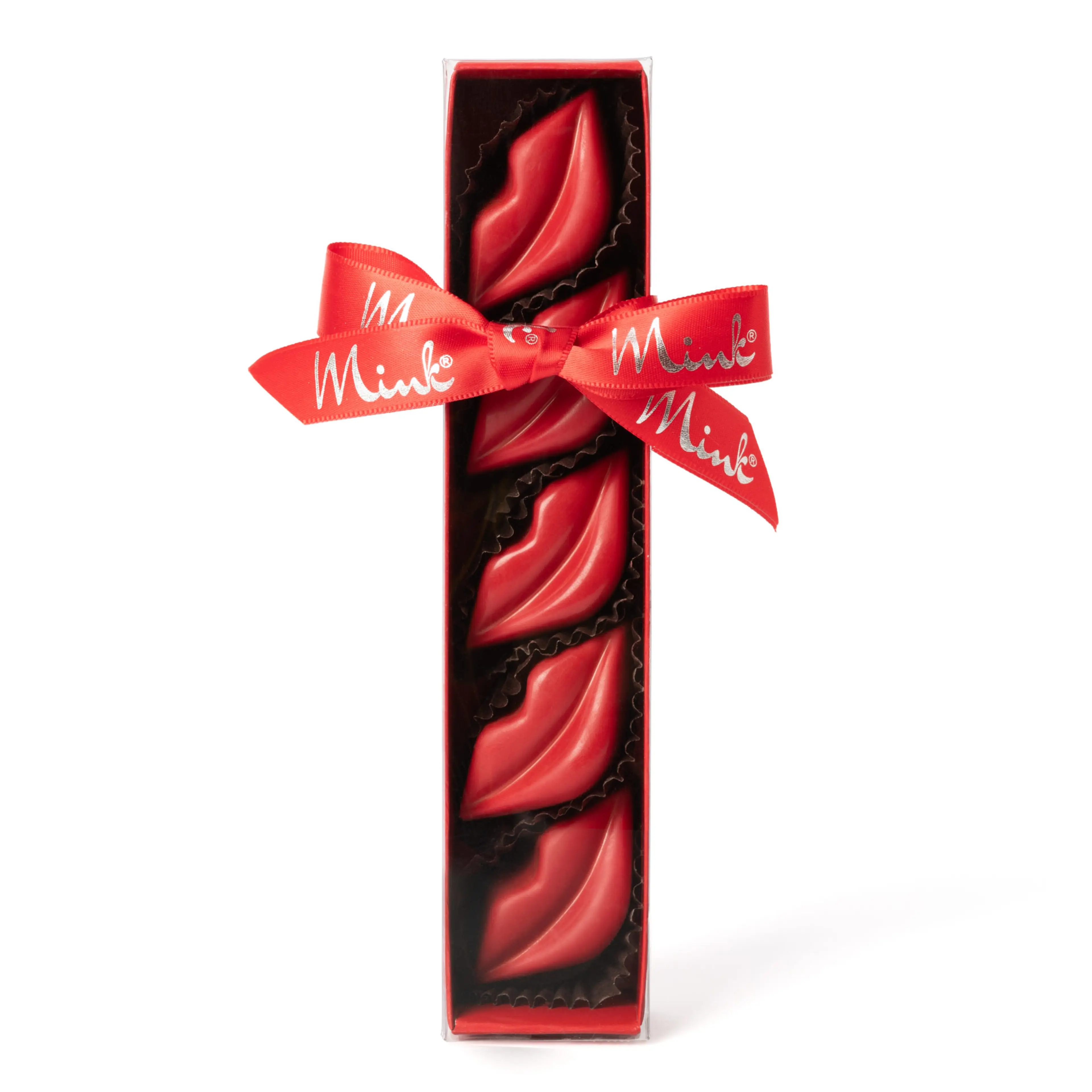A box of chocolate ganache lips from Mink Chocolates