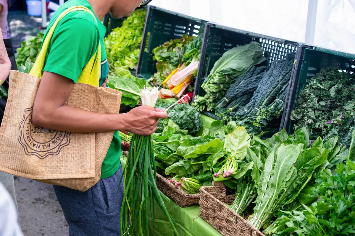 A person shops for veggies at a farmer's market.