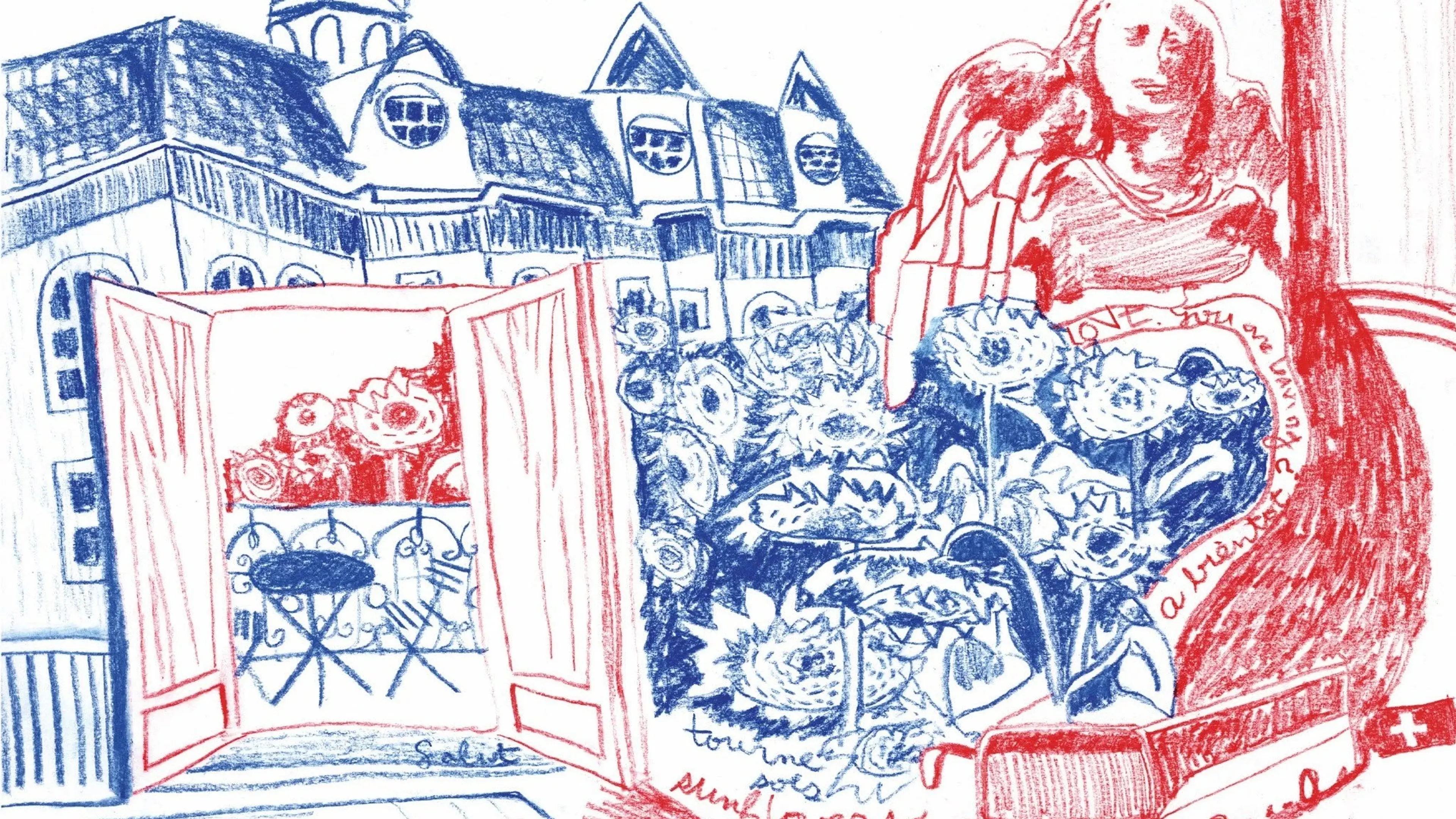 Red and blue sketch of a building with open balcony doors, sunflowers, and a statue of an angel holding a heart with text.