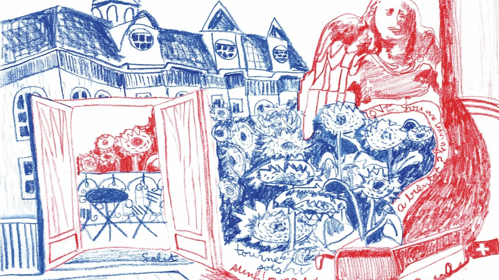 Red and blue sketch of a building with open balcony doors, sunflowers, and a statue of an angel holding a heart with text.
