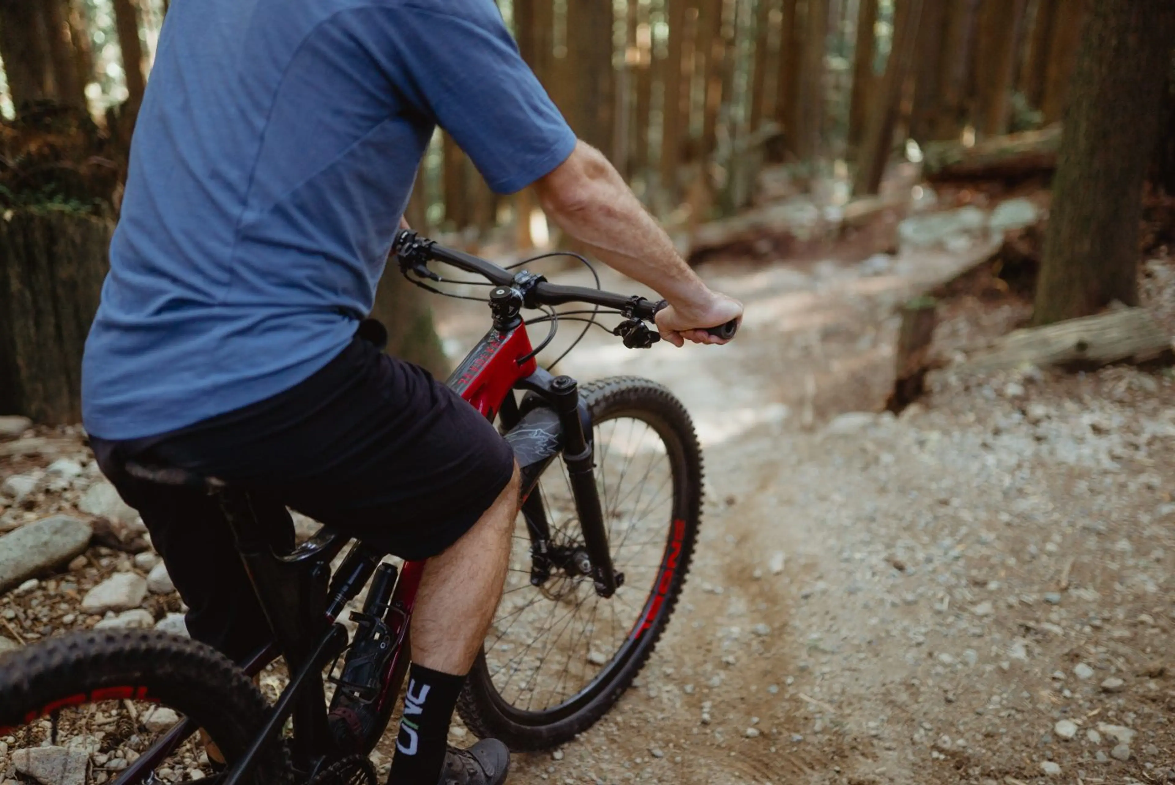 A person mountain biking on the North Shore in Vancouver