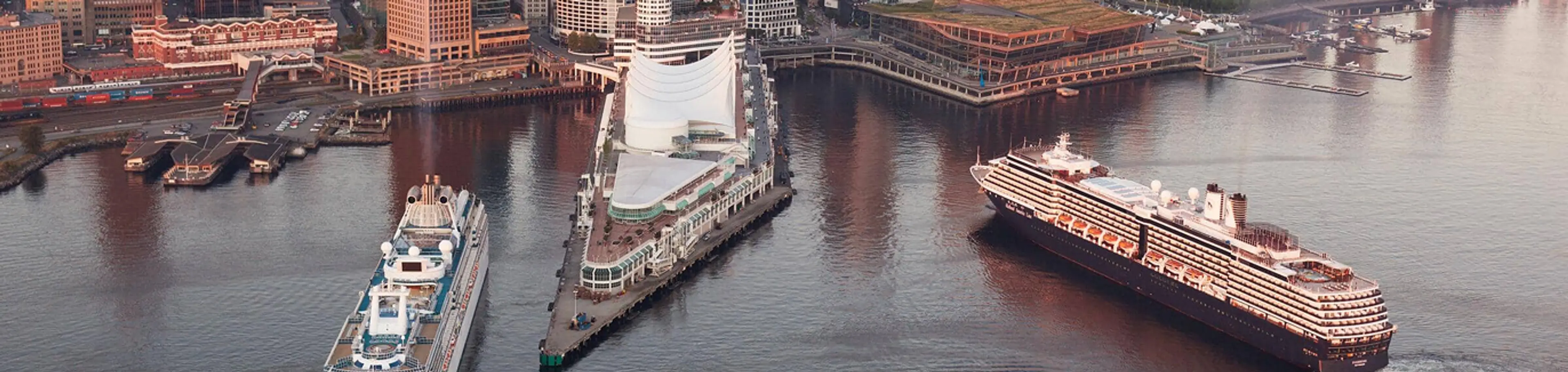Aerial view of a harbor with two large cruise ships docked near a pier and city buildings in the background.