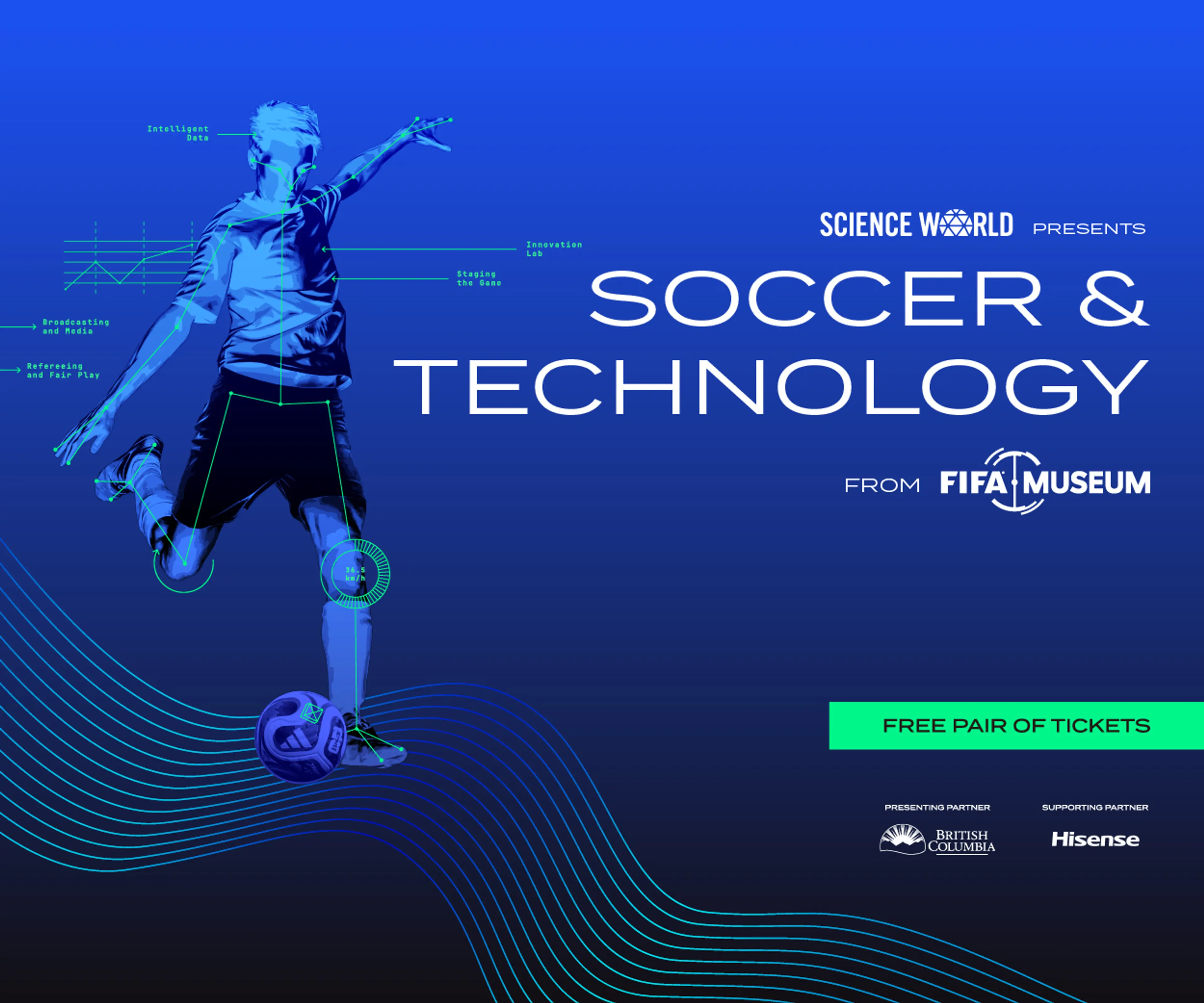 Blue digital illustration of a soccer player kicking a ball with technology labels and text promoting Science World and FIFA Museum's Soccer & Technology event with free tickets.