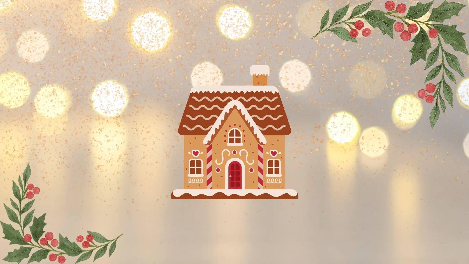 Illustration of a gingerbread house with icing decorations and candy cane pillars, surrounded by holly leaves and berries on a glittery background.