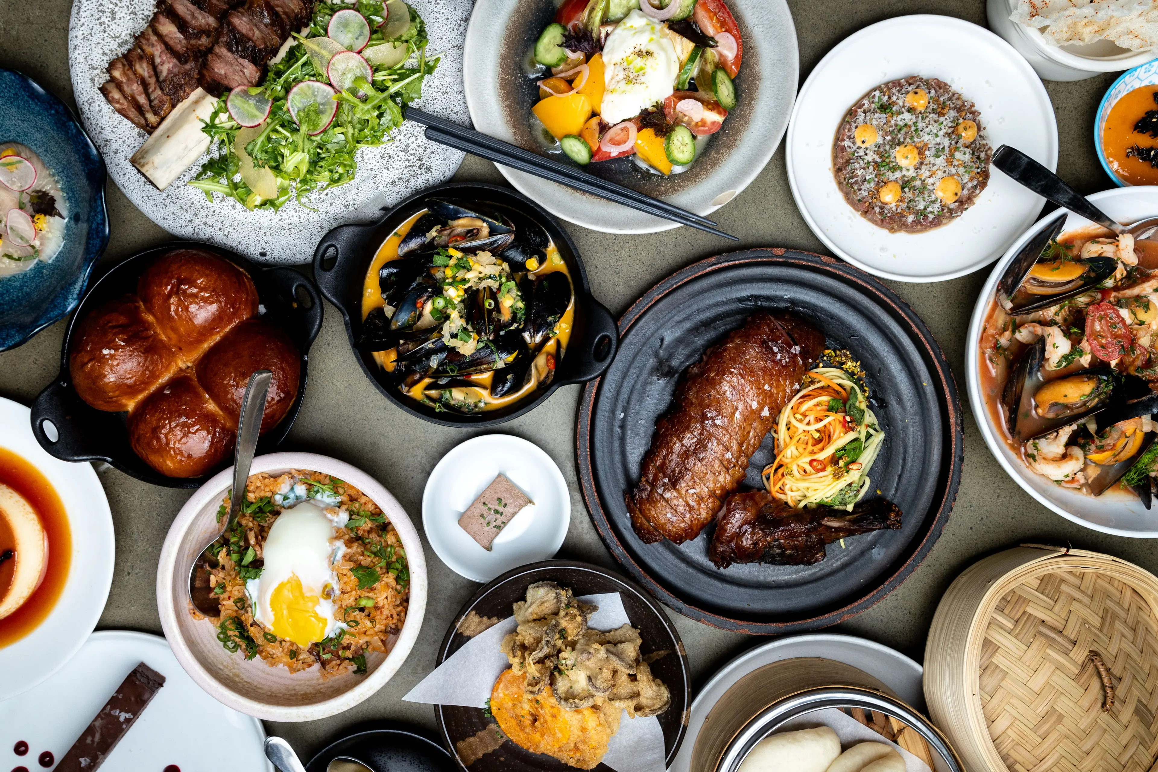 Overhead shot of food at Torafuku