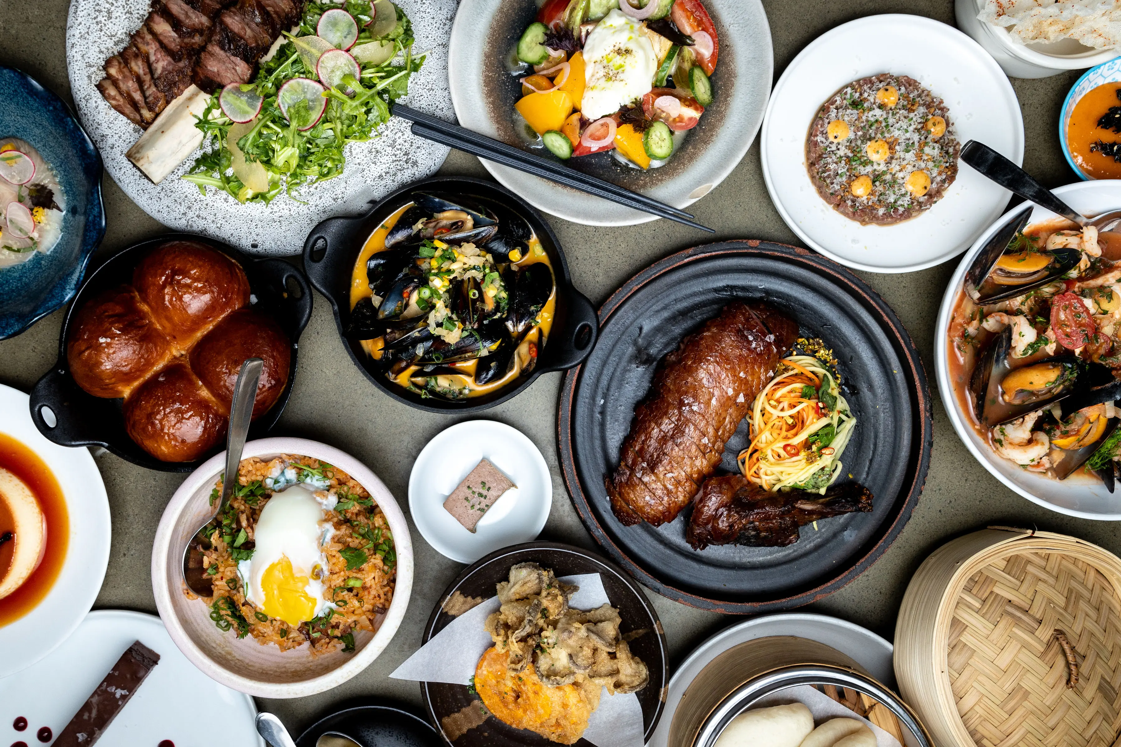 Overhead shot of food at Torafuku